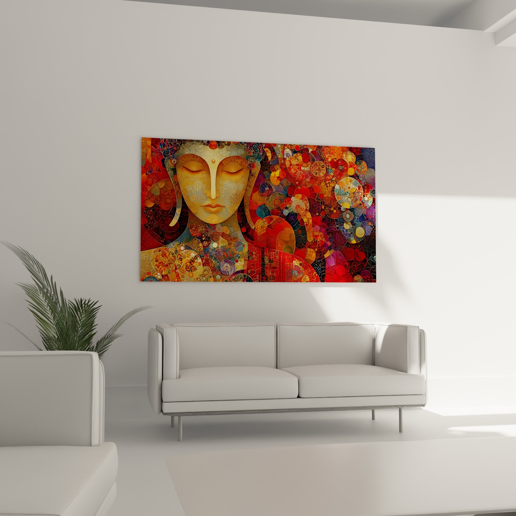 Mosaïque rouge et dorée du Bouddha méditant accrochée au-dessus d'un canapé dans un salon lumineux