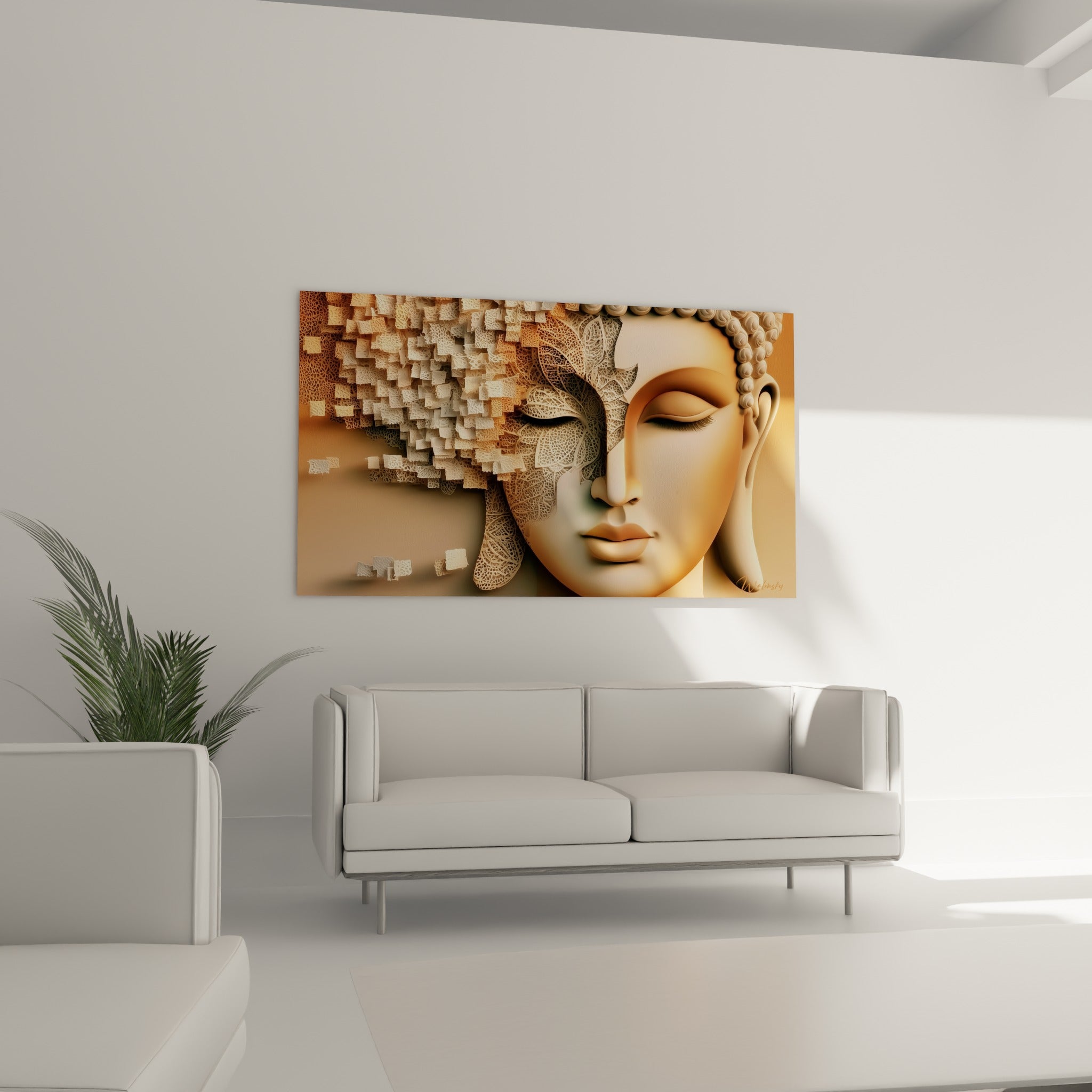 Bouddha au regard apaisé, teintes sable et brun caramel, suspendu au-dessus d'un canapé dans un salon lumineux