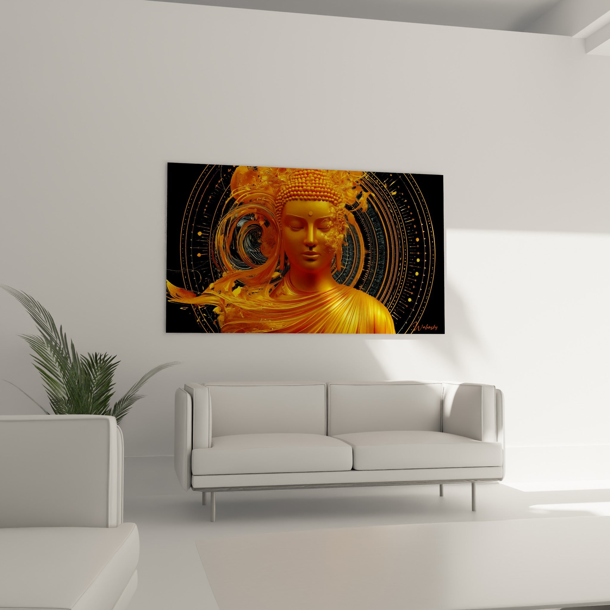 Figure du Bouddha en or et noir profond, accrochée au-dessus d'un canapé dans un salon lumineux