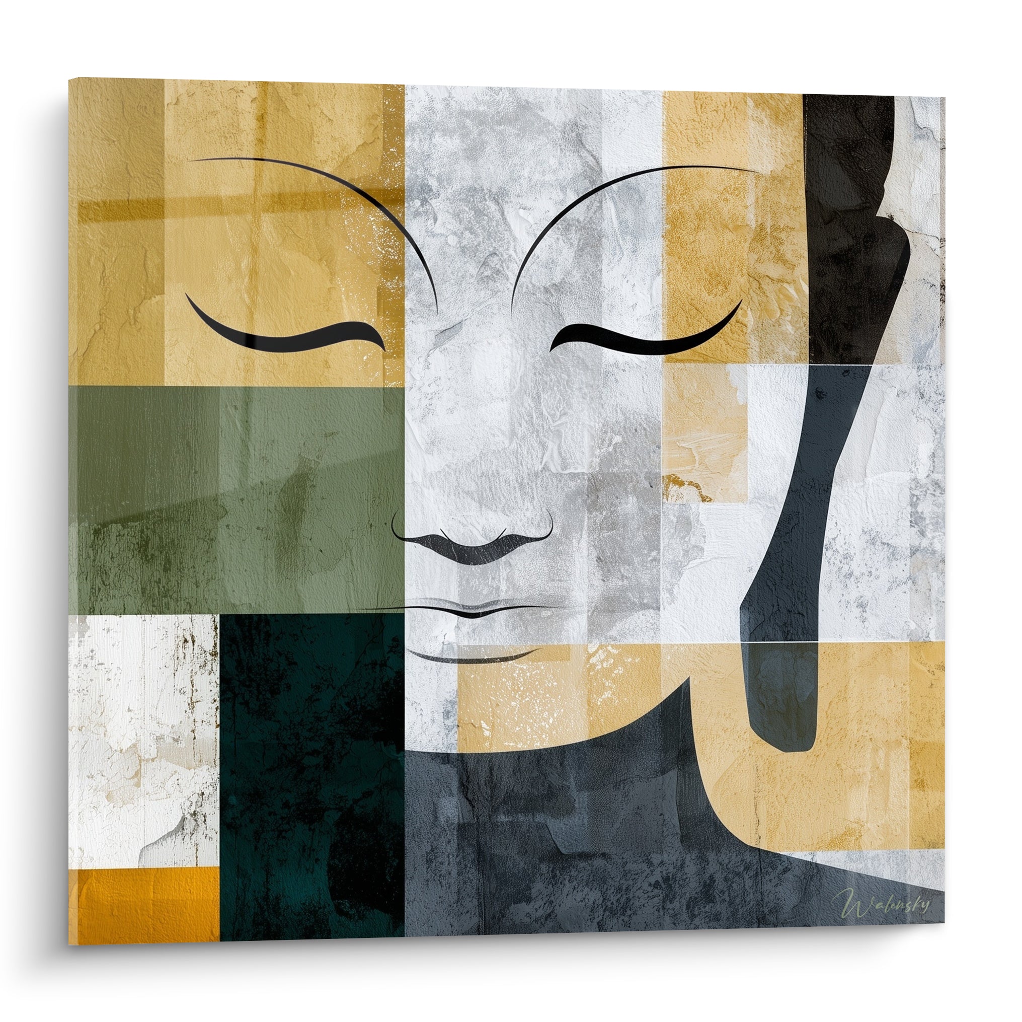 Bouddha au visage fragmenté en blocs ocre, gris et vert sauge, style graphique épuré
