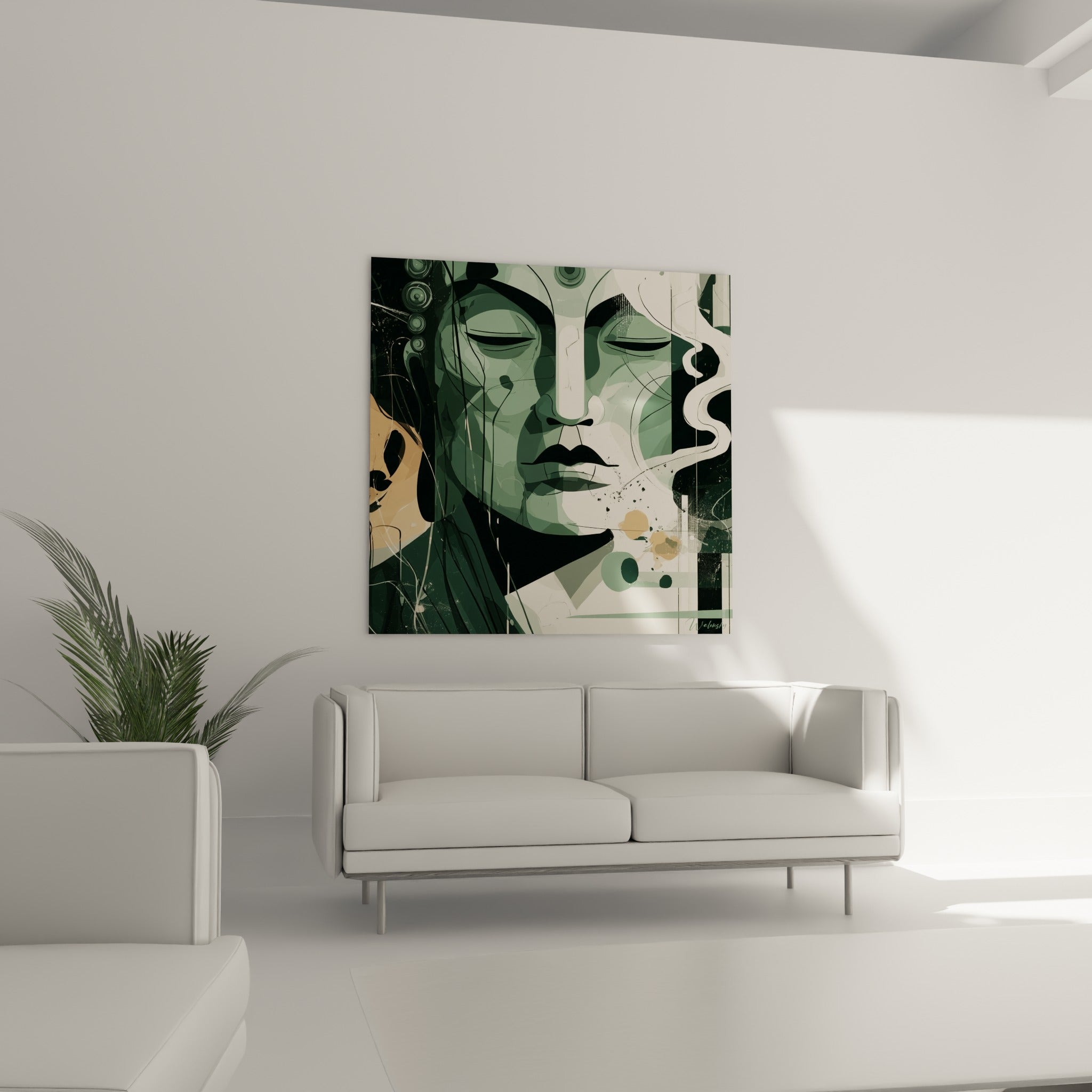 Portrait de Bouddha en aplats verts et beiges, volute blanche fumée, au-dessus d'un canapé dans un salon lumineux