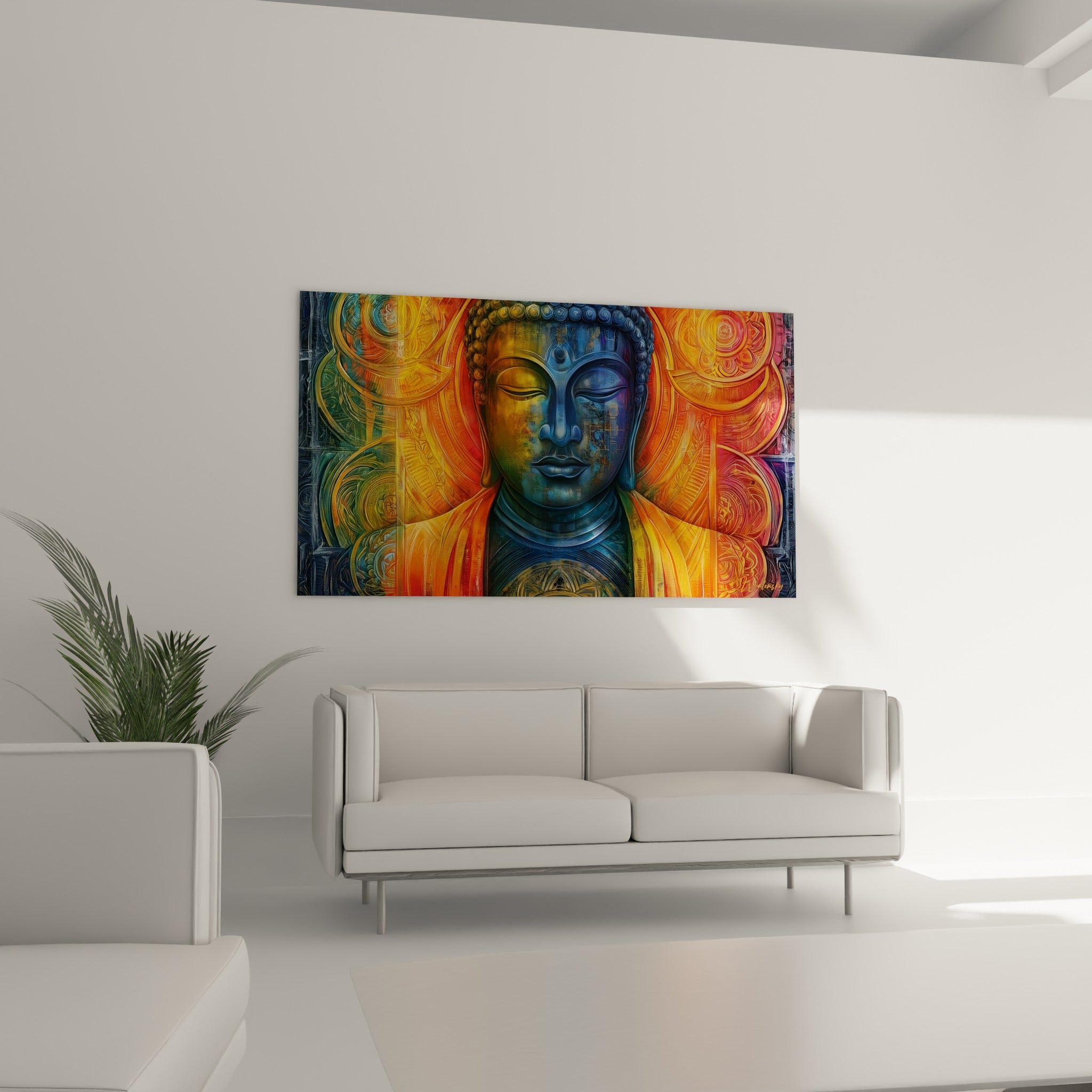 Portrait du Bouddha ocre et anthracite suspendu au-dessus d'un canapé dans un salon lumineux