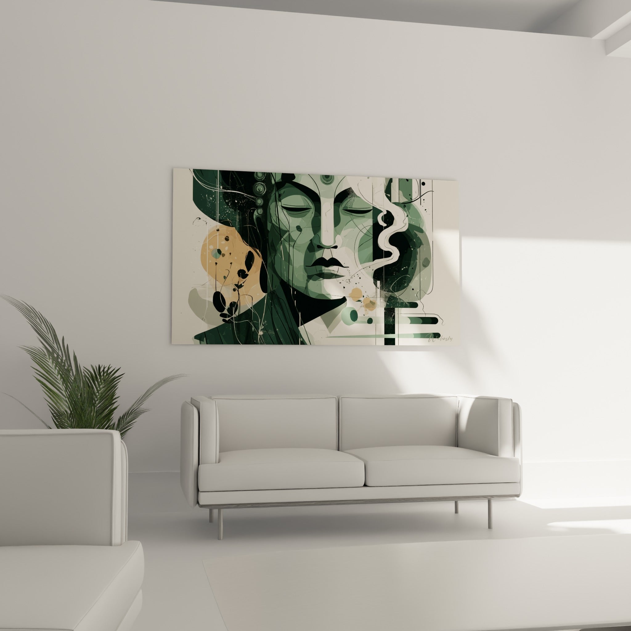 Portrait de Bouddha anthracite et ocre, composition graphique apaisée, au-dessus d'un canapé dans un salon lumineux
