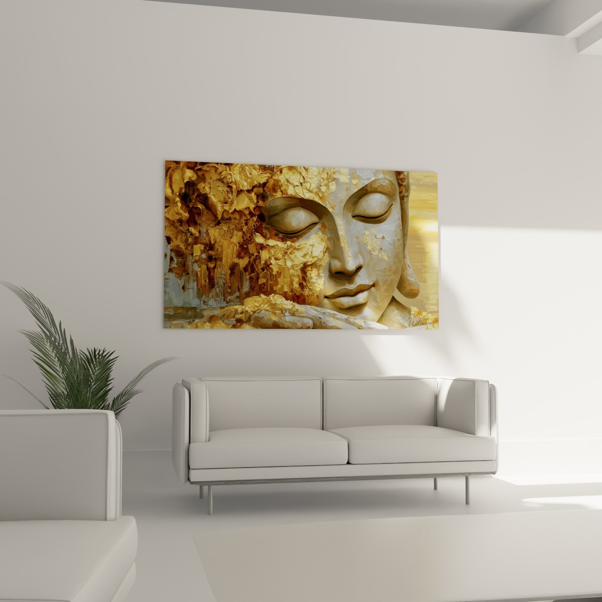 Visage méditatif de Bouddha en beige et or, paupières baissées, au-dessus d'un canapé dans un salon lumineux