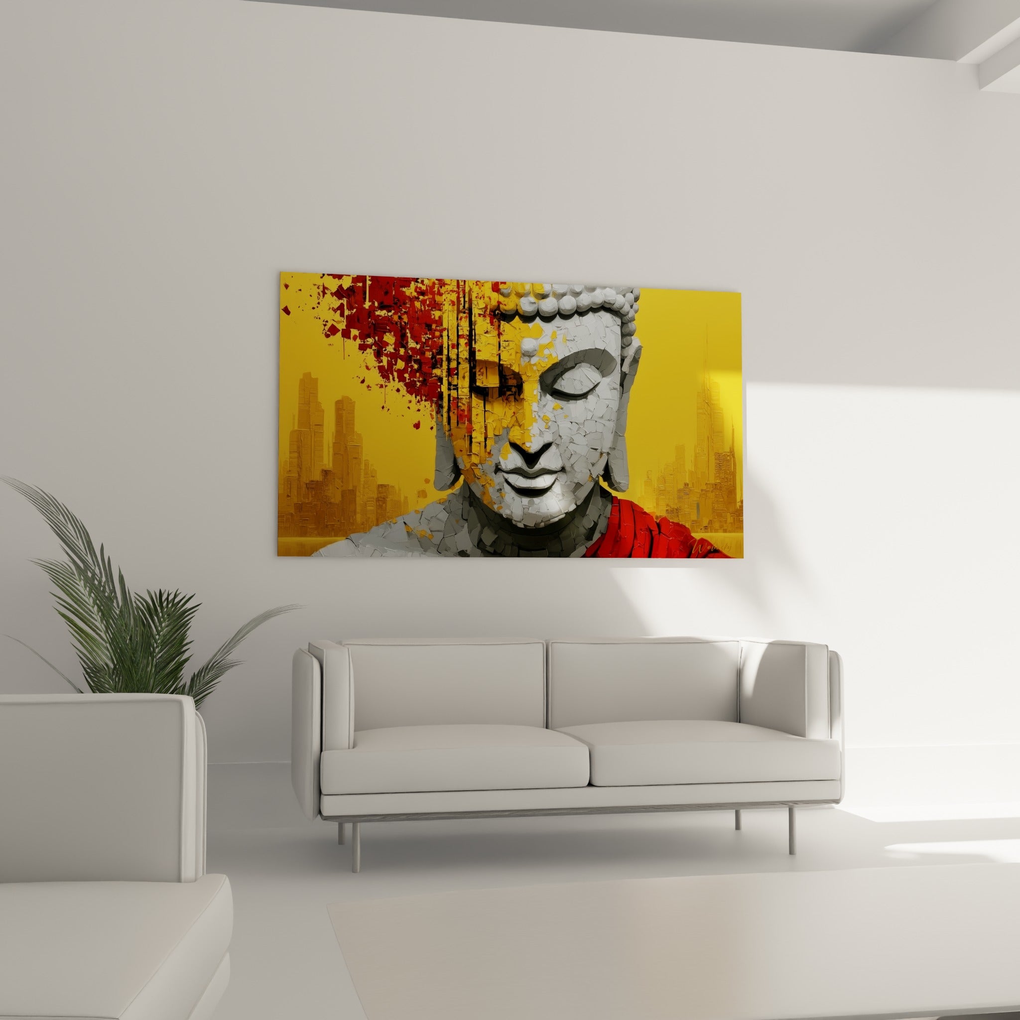 Bouddha au regard clos, jaune ocre et rouge profond, au-dessus d'un canapé dans un salon lumineux