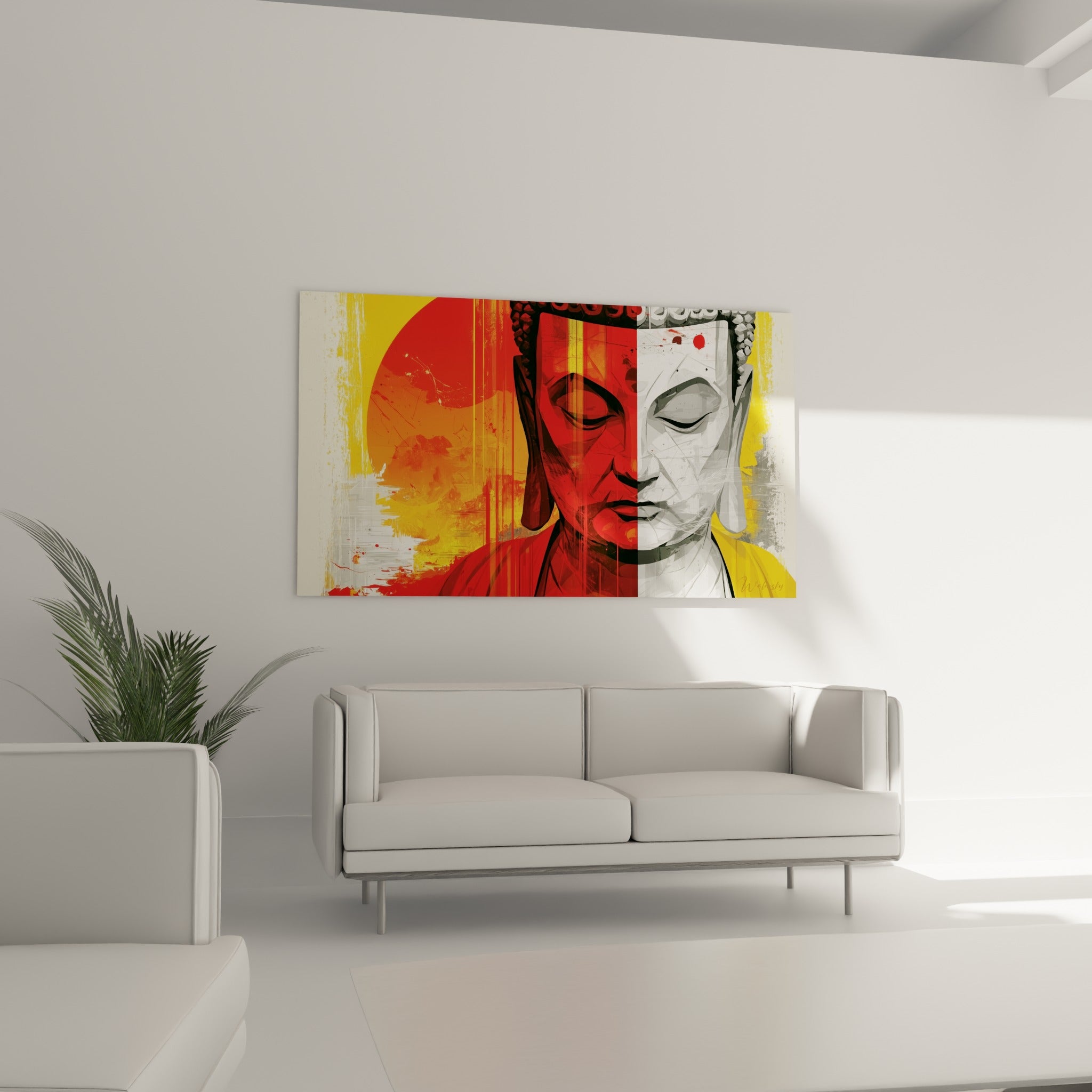 Bouddha ocre et anthracite au regard baissé, accroché au-dessus d'un canapé dans un salon lumineux
