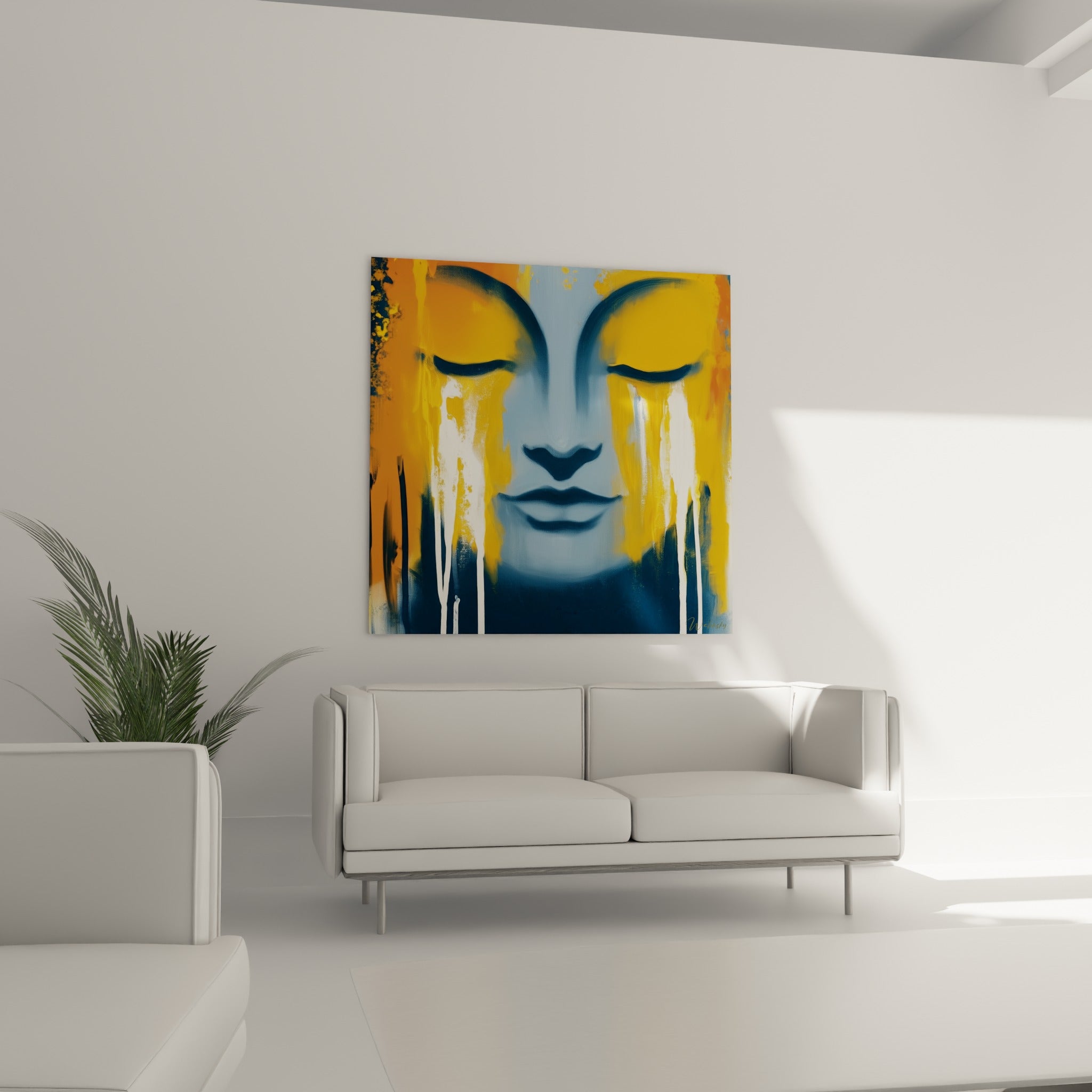 Méditation figurée par un Bouddha ocre et bleu marine, au-dessus d'un canapé dans un salon lumineux.