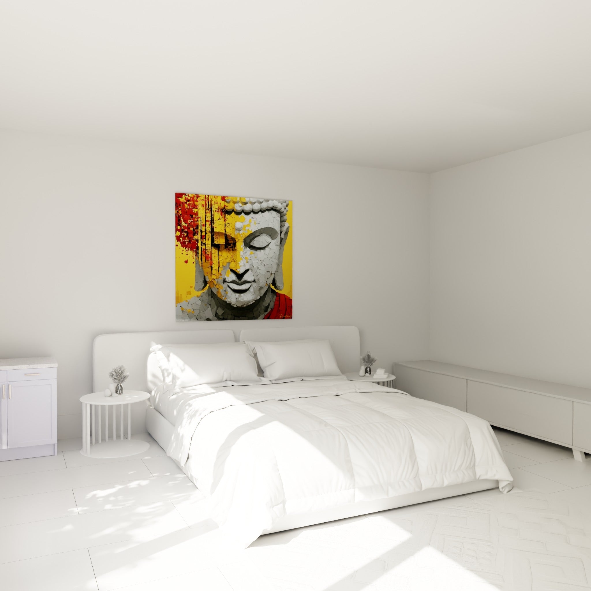Sérénité du Bouddha gris et jaune moutarde suspendue au-dessus d'un lit dans une chambre claire