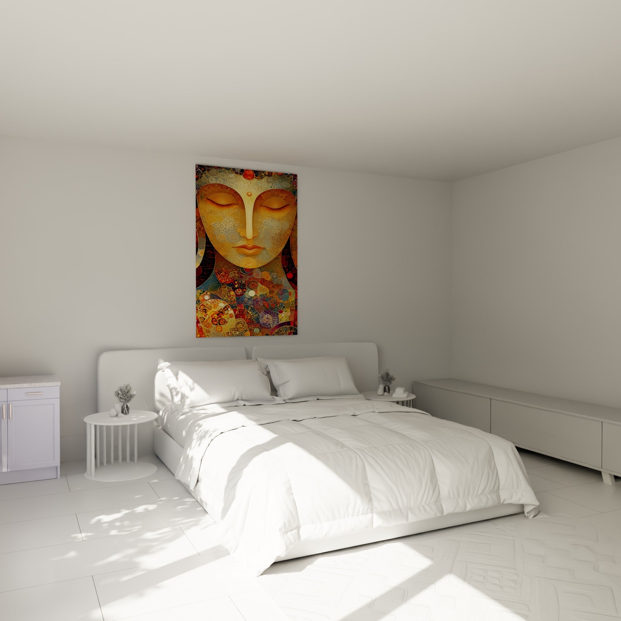 Visage de Bouddha ocre et terracotta, méditation sereine, au-dessus d'un lit dans une chambre claire
