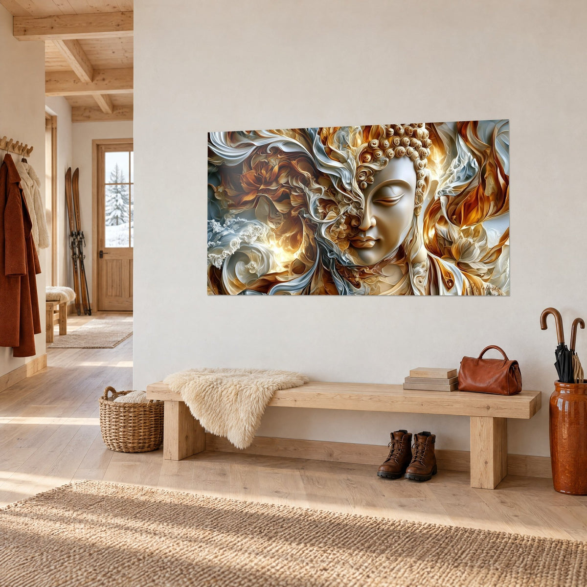 Quadro ritratto scolpito dalle palpebre chiuse, riccioli dorati e petali rame su sfondo grigio-azzurro, parete bianca di uno chalet