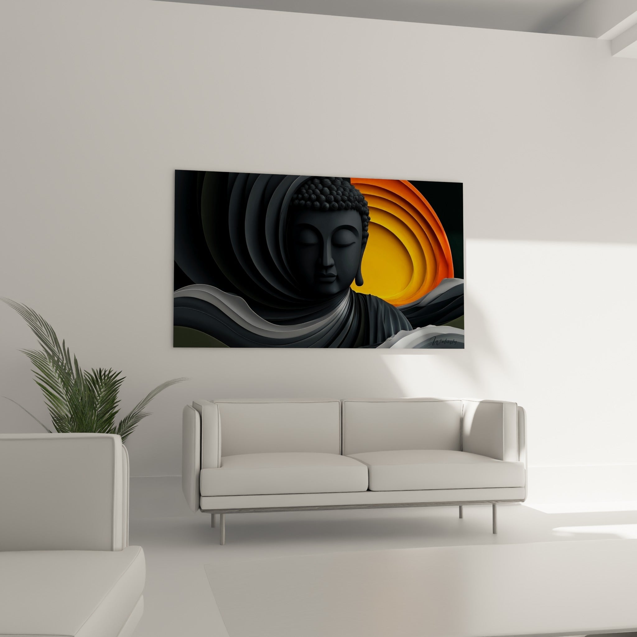 Statue de Bouddha anthracite baignée de lumière dorée au-dessus d'un canapé dans un salon lumineux