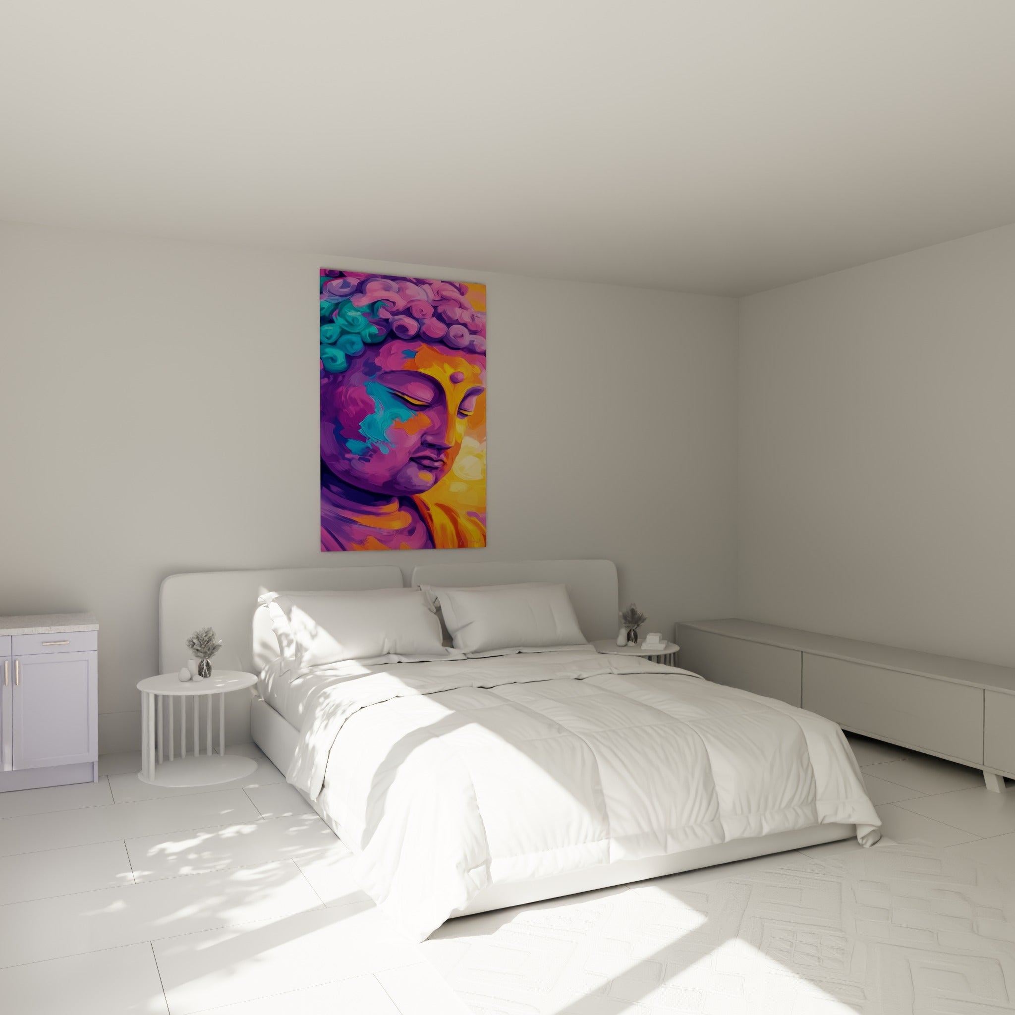 Visage de Bouddha violet et orange aux yeux clos, au-dessus d'un lit dans une chambre claire