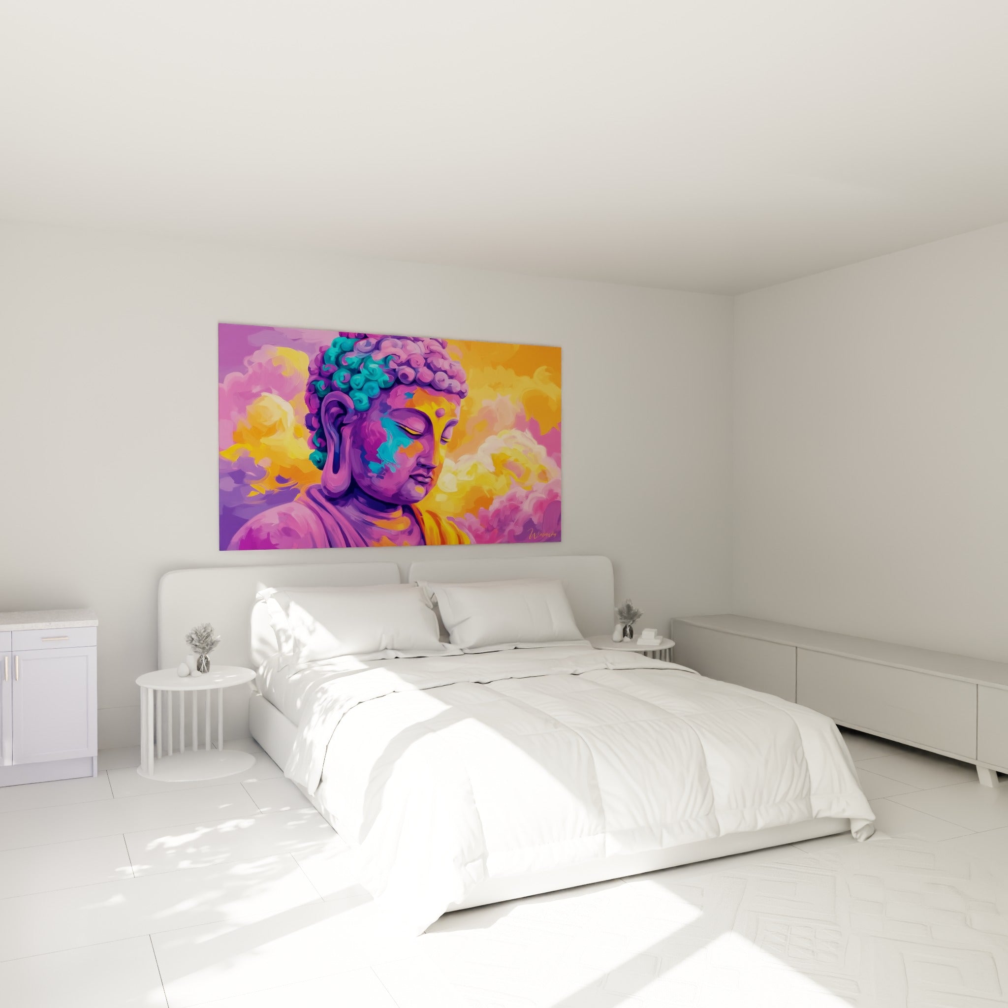Sérénité peinte en violet et orangé, ce Bouddha trône au-dessus d'un lit dans une chambre claire
