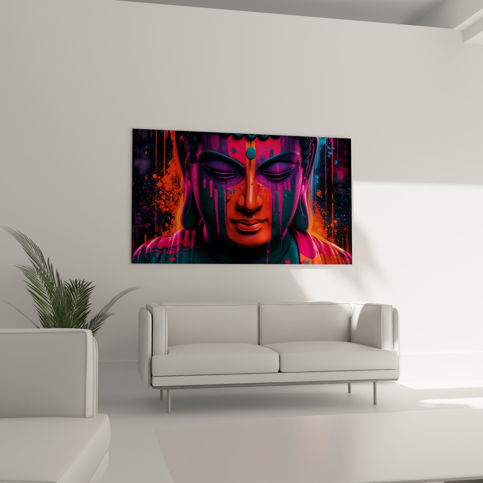 Bouddha serein en orange et turquoise, disposé au-dessus d'un canapé dans un salon lumineux