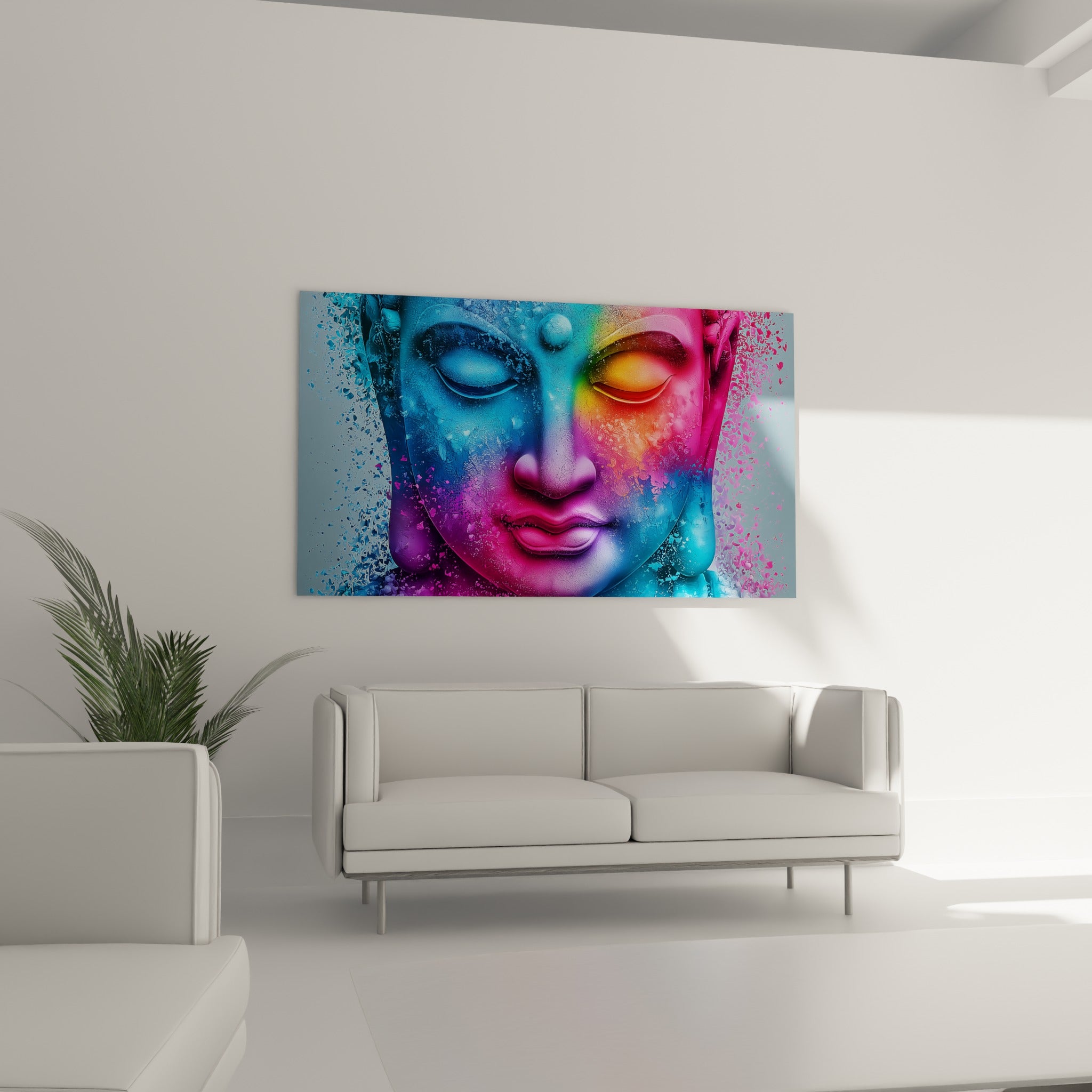 Sérénité bouddhique en bleu et orange, visage éclaté en particules, au-dessus d'un canapé dans un salon lumineux