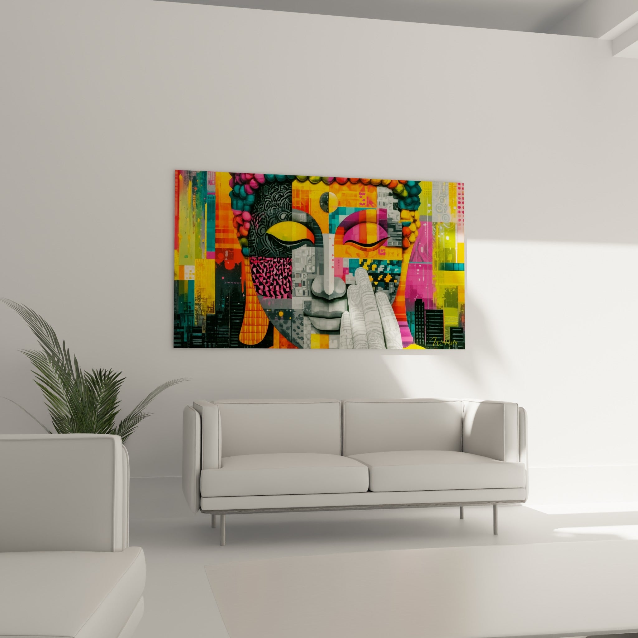 Bouddha en méditation, patchwork rose et jaune vif, au-dessus d'un canapé dans un salon lumineux