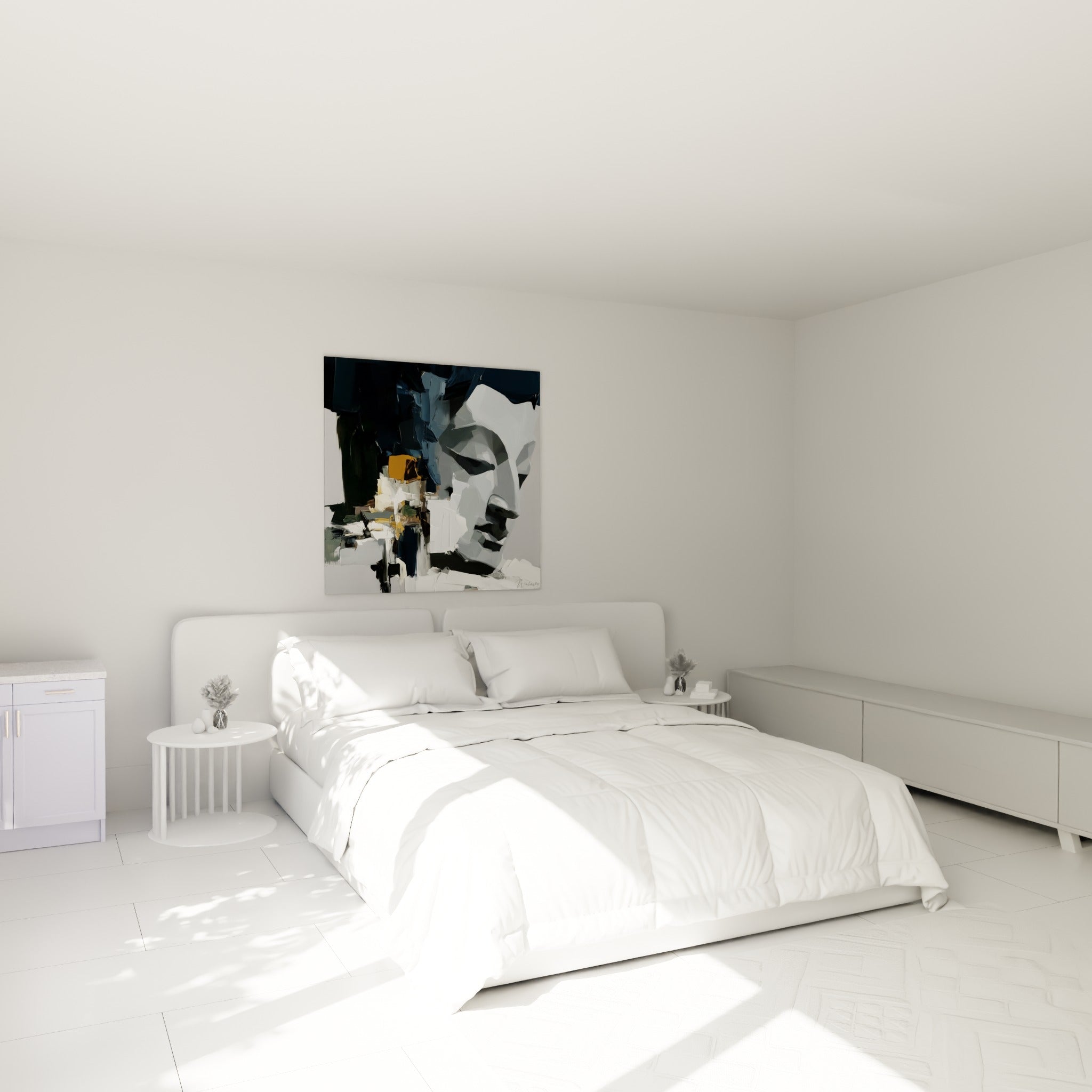 Portrait de Bouddha anthracite et bleu marine texturé au-dessus d'un lit dans une chambre claire
