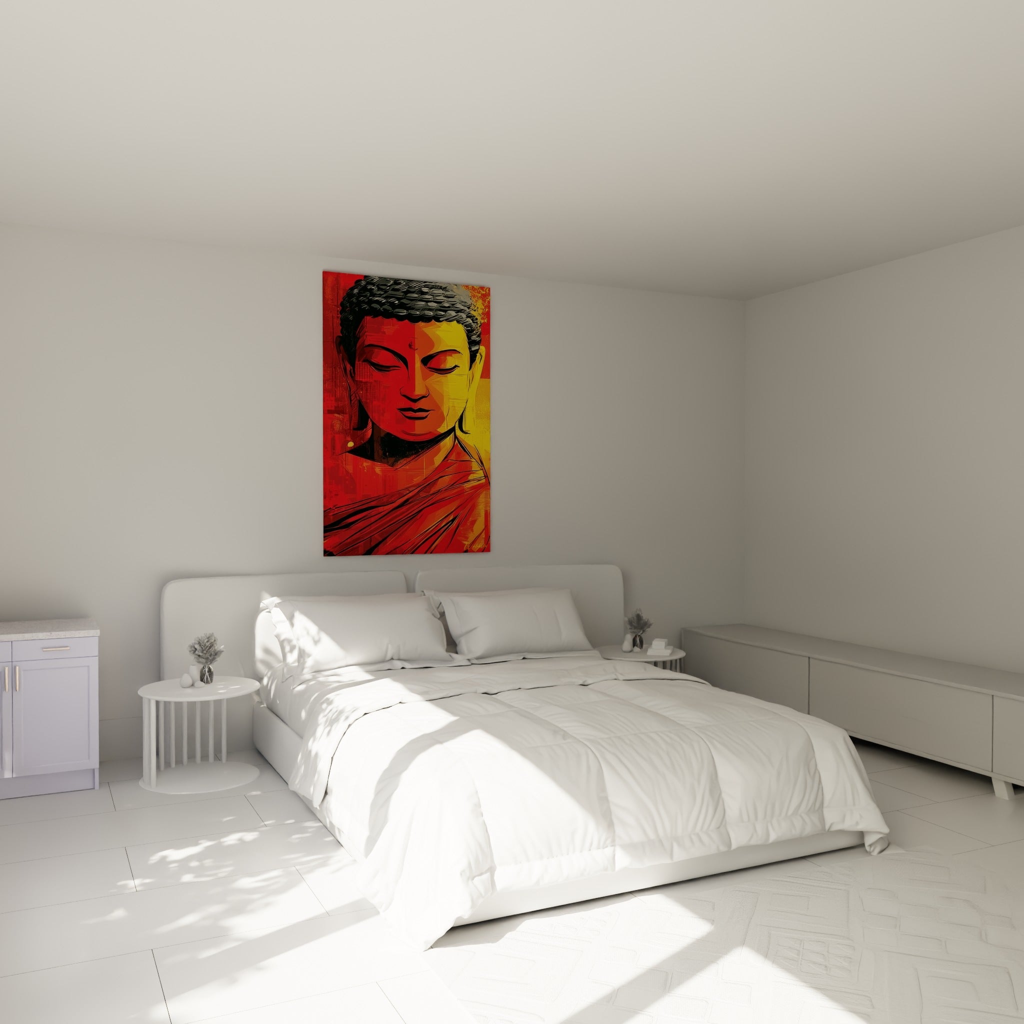 Portrait de Bouddha rouge et jaune, regard méditatif, accroché au-dessus d'un lit dans une chambre claire
