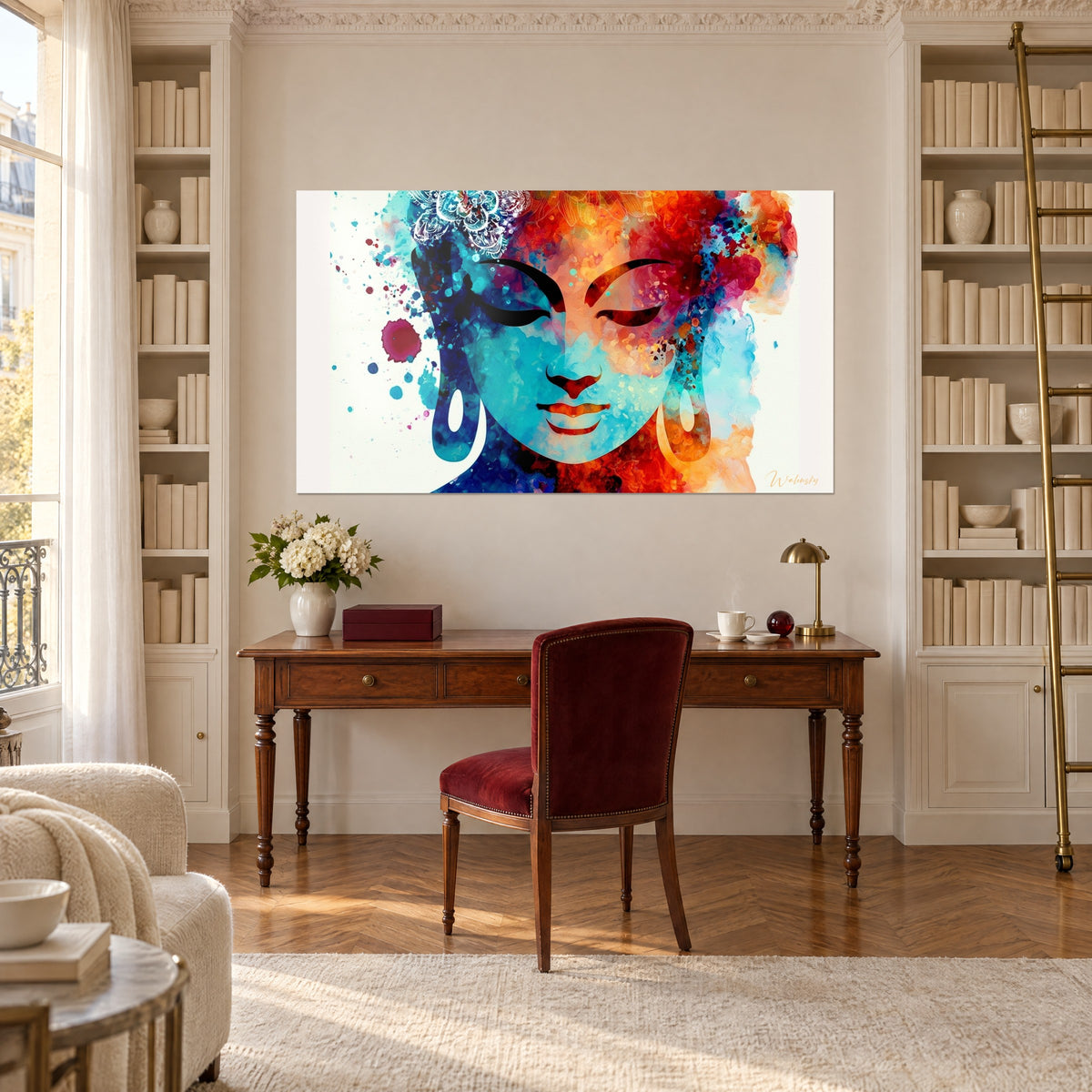 Schilderij rustig masker in aquarelscherven, turquoise, rood en diep paars, opgehangen tussen twee boekenkasten boven een houten bureau