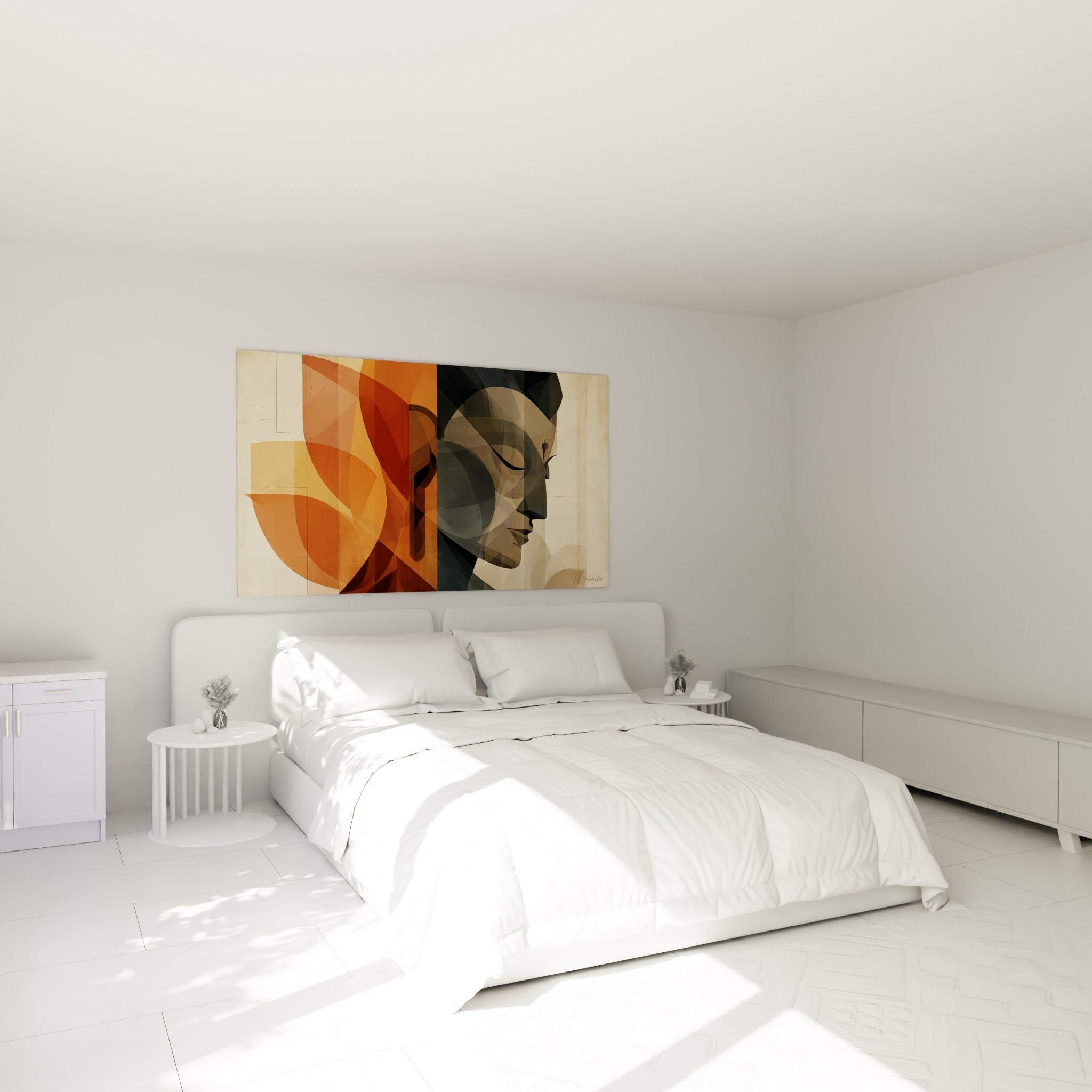 Profil de Bouddha gris anthracite et feuille ambre au-dessus d'un lit dans une chambre claire