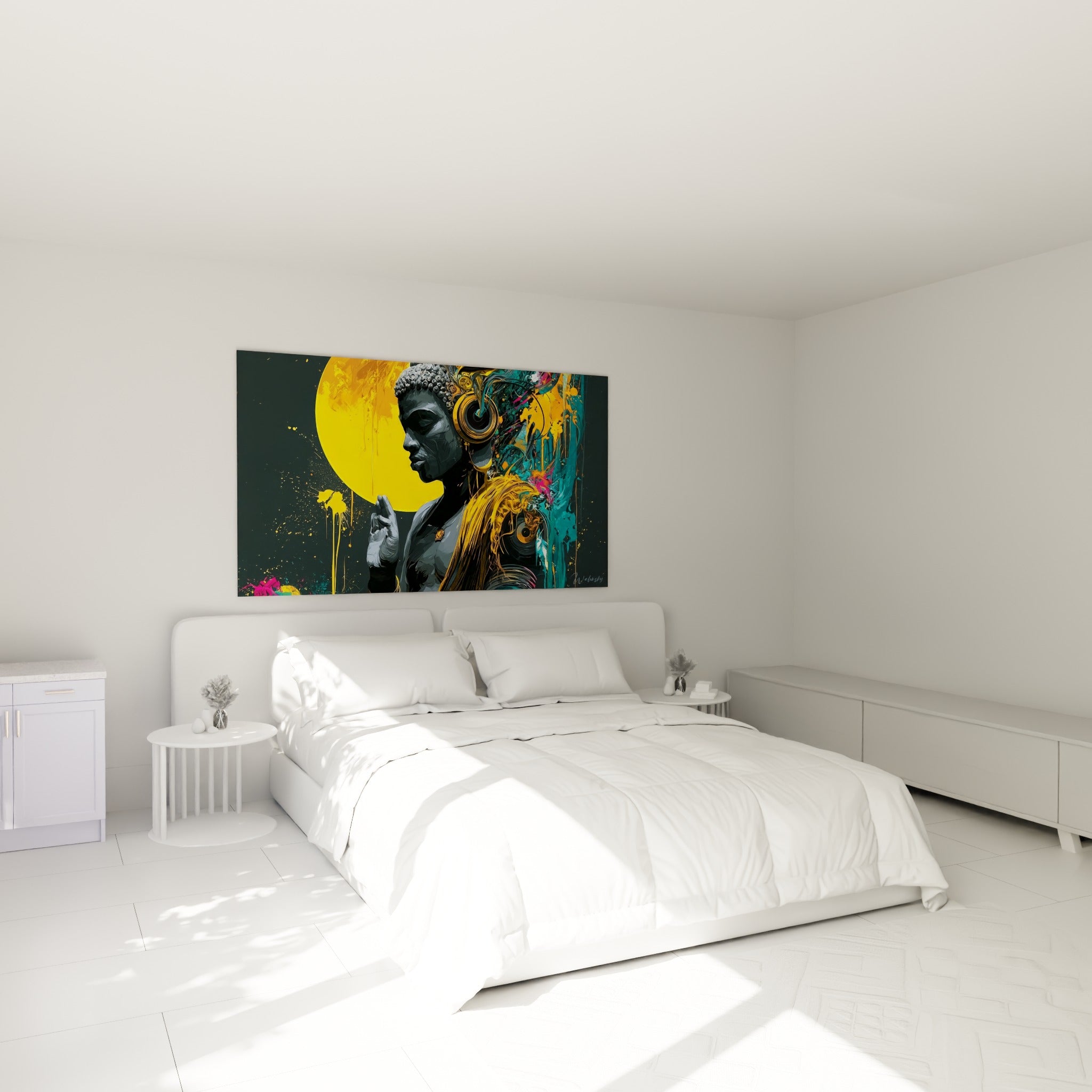 Silhouette de Bouddha jaune et anthracite, main en mudra, au-dessus d'un lit dans une chambre claire