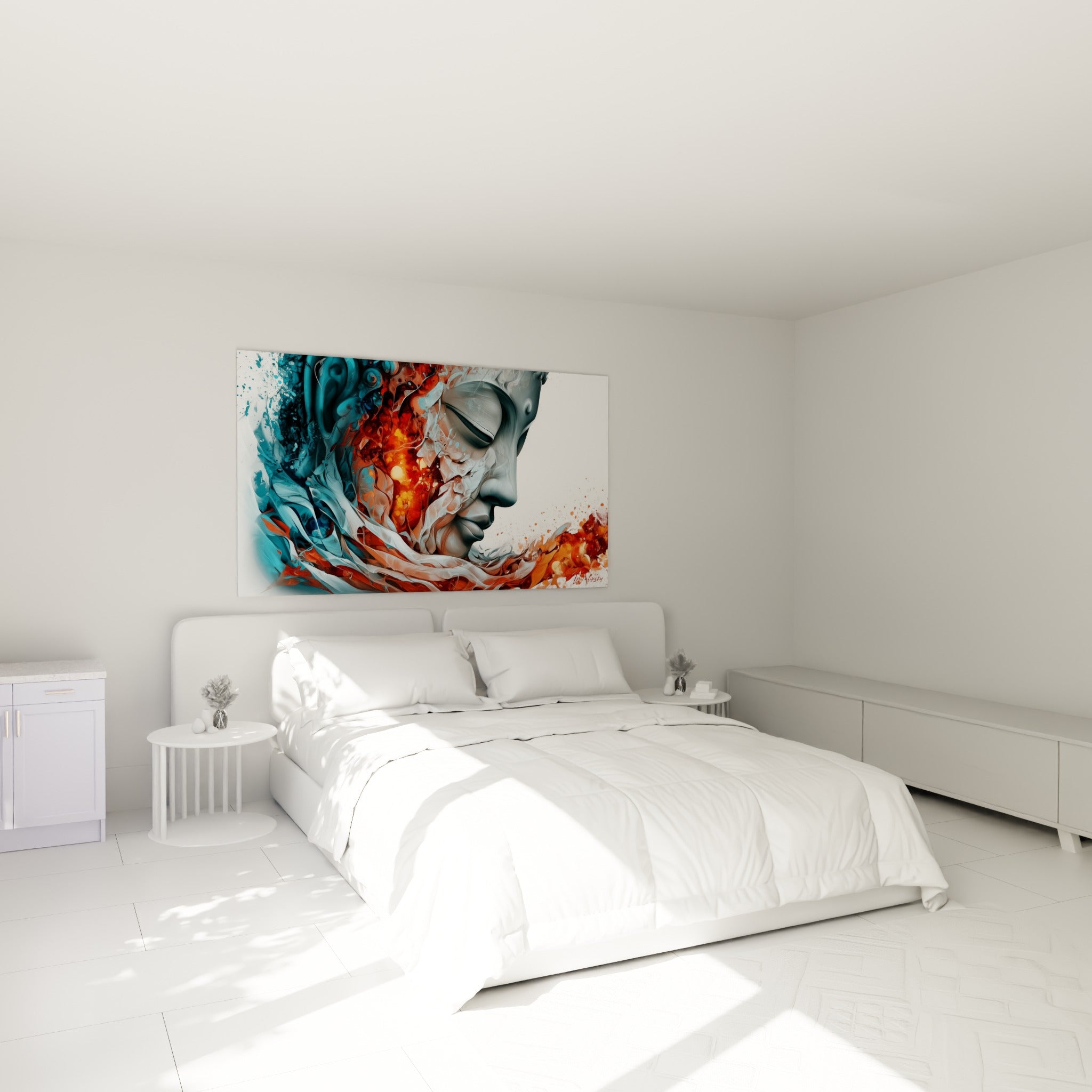 Visage de Bouddha bleu turquoise et orangé au-dessus d'un lit dans une chambre claire