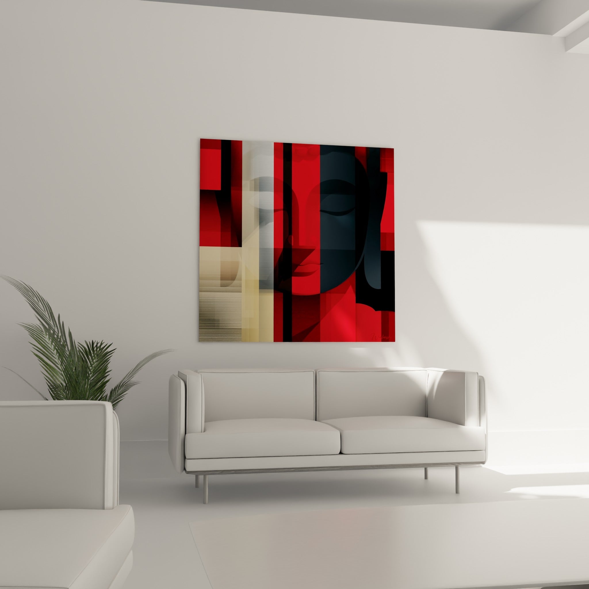Profil de Bouddha aux tons rouge et gris perle au-dessus d'un canapé dans un salon lumineux