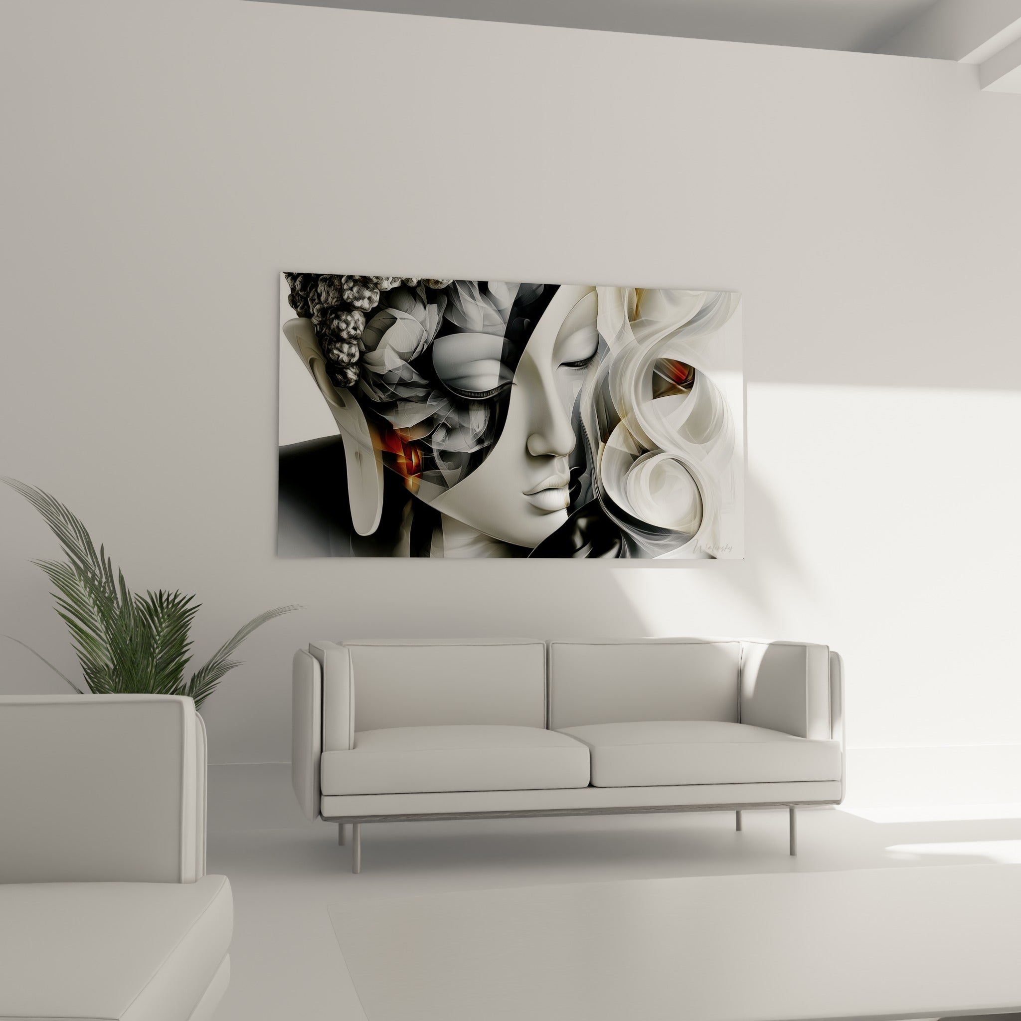 Profil de Bouddha ivoire et gris anthracite entouré de motifs fractals, au-dessus d'un canapé dans un salon lumineux