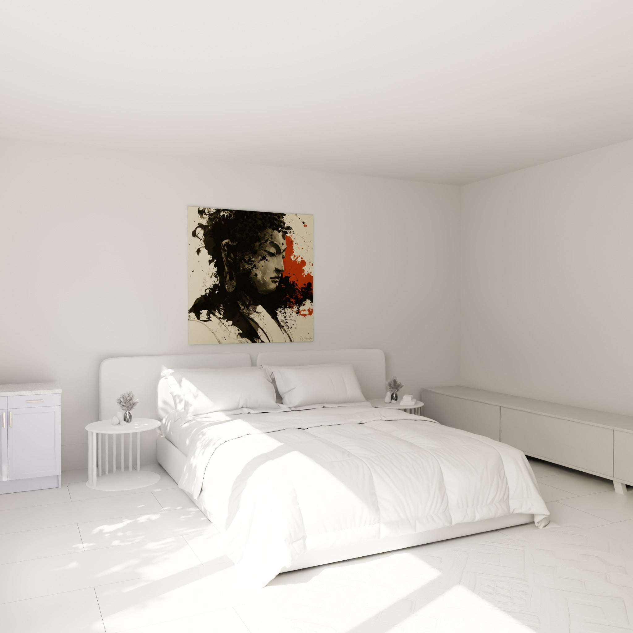 Visage de Bouddha méditatif, encre noire et touches terracotta, accroché au-dessus d'un lit dans une chambre claire