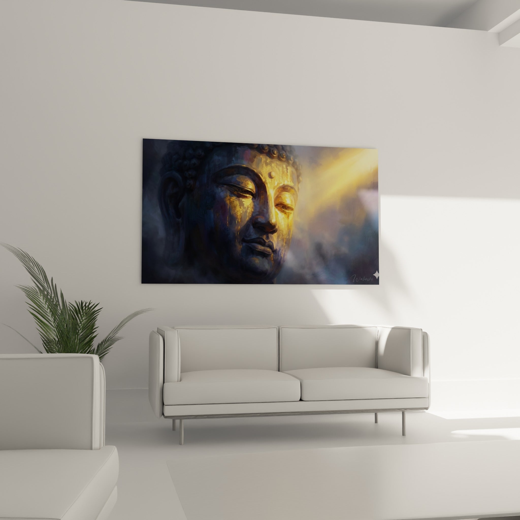 Visage de Bouddha illuminé d'or et de lumière, disposé au-dessus d'un canapé dans un salon lumineux