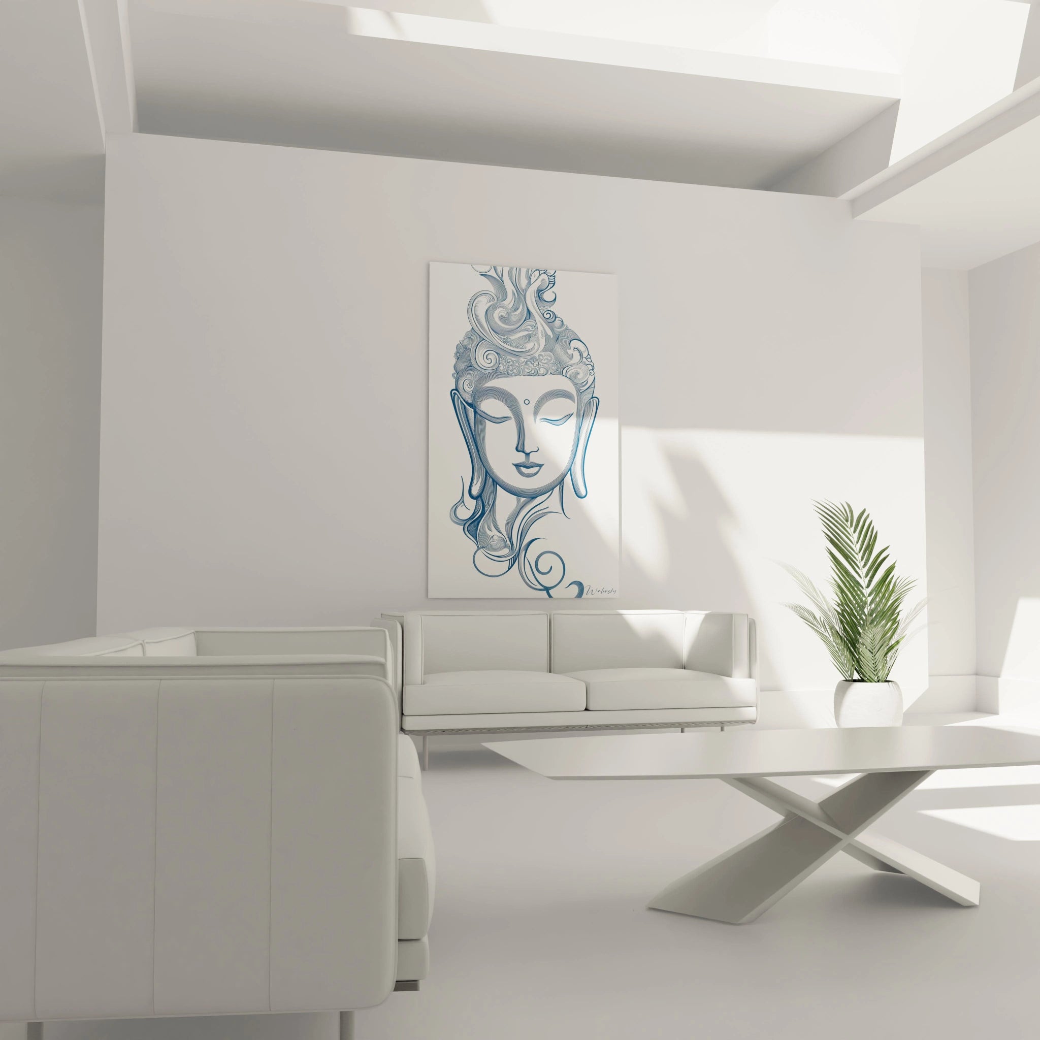 Tableau bouddha Walensky bleu accroché au mur dans un salon moderne blanc et lumineux