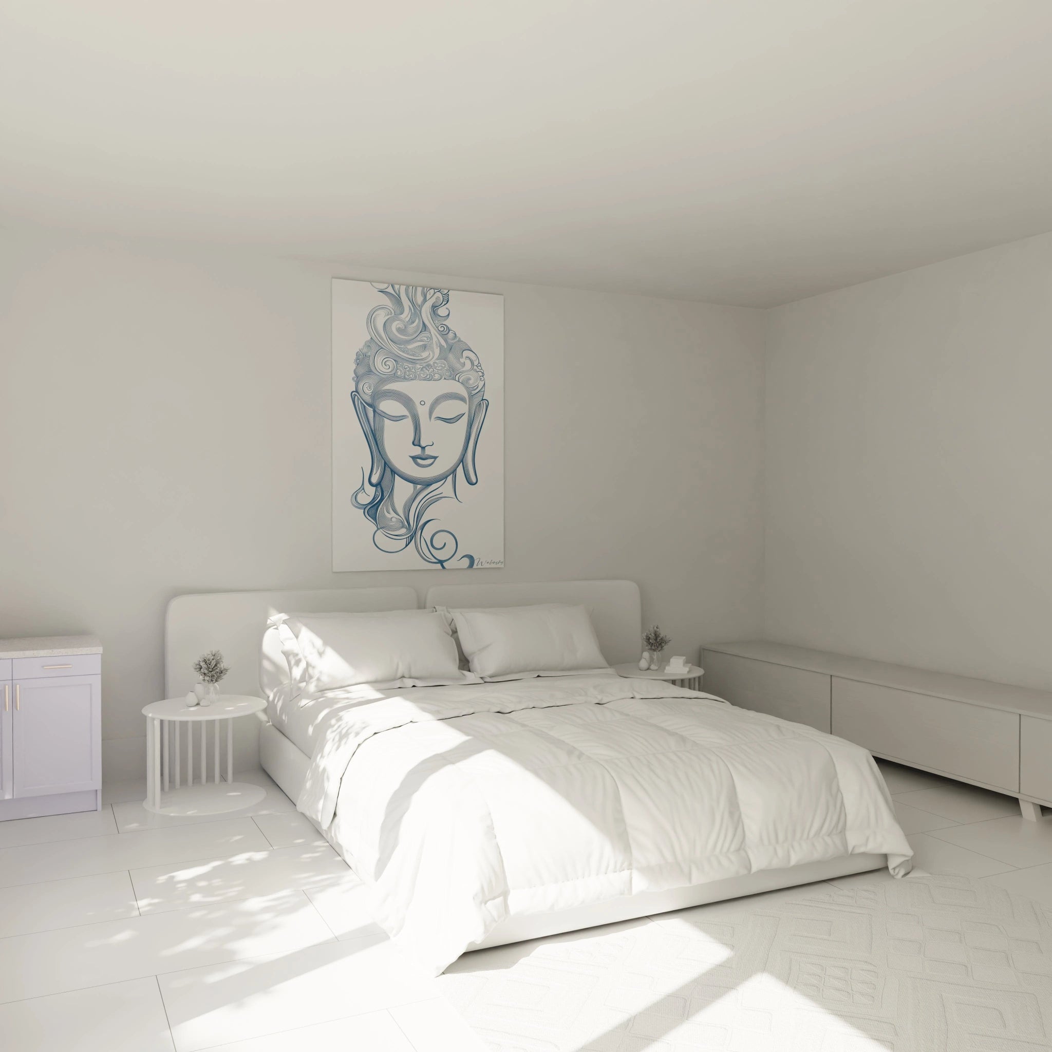 Tableau bouddha Walensky dans chambre minimaliste avec lit double blanc et décoration épurée