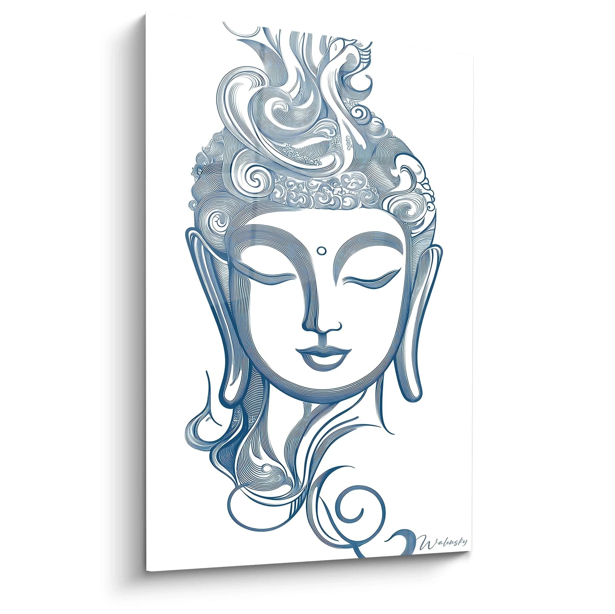 Tableau bouddha Walensky en nuances bleues avec visage apaisant et motifs décoratifs élégants