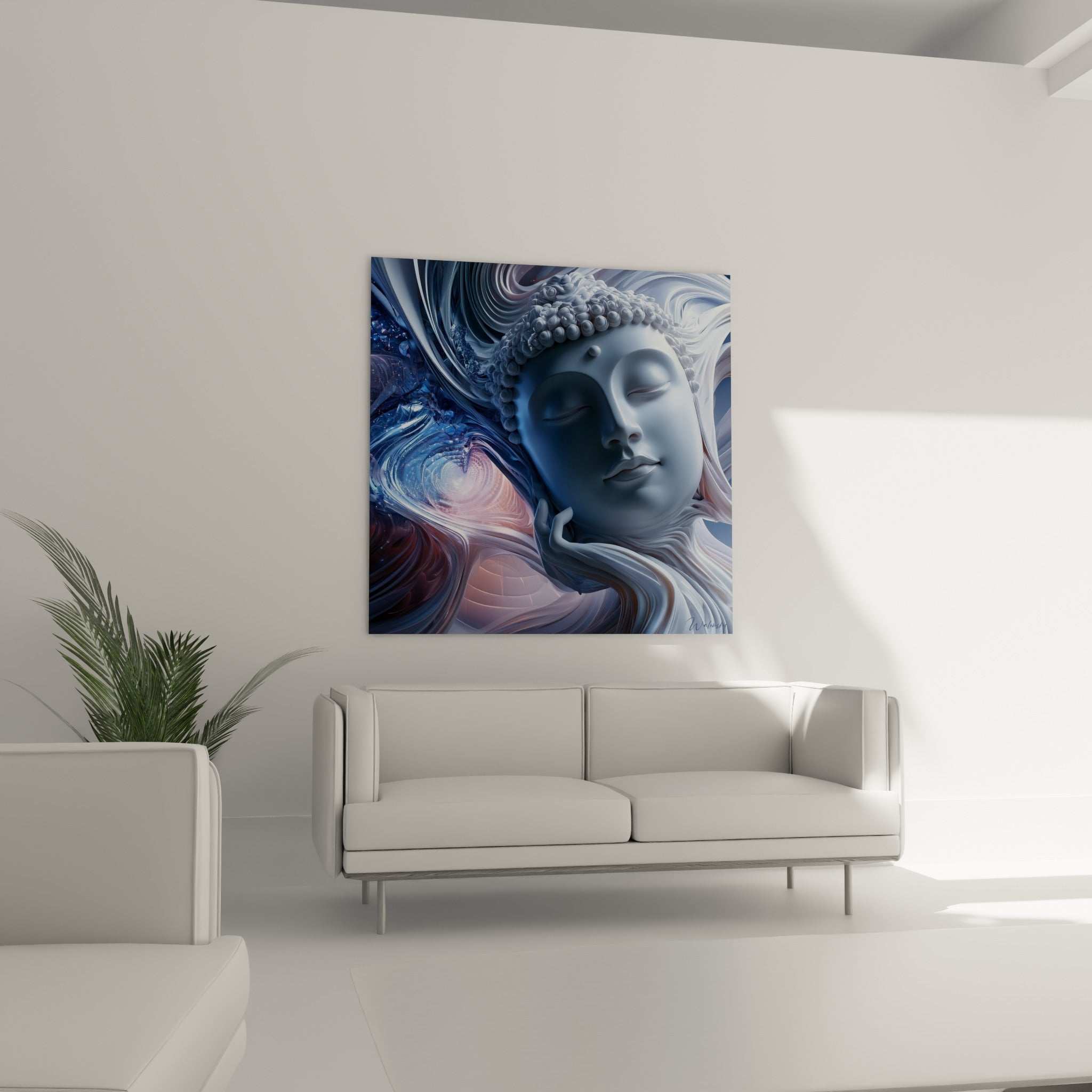 Statue de Bouddha argentée aux courbes fluides et reflets rosés, au-dessus d'un canapé dans un salon lumineux
