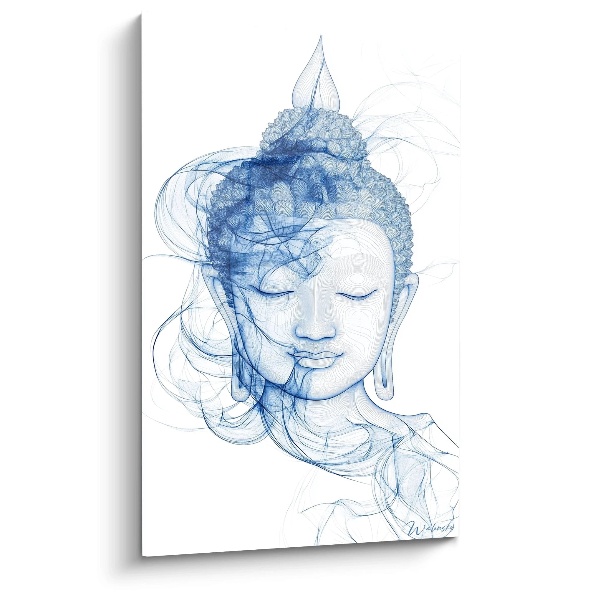 Tableau Bouddha Walensky en nuances de bleu avec portrait serein et motifs de fumée artistique