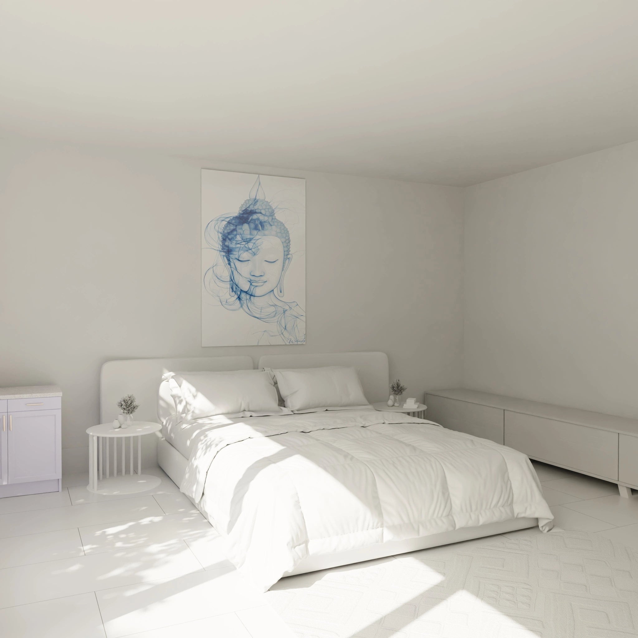 Tableau bouddha bleu décoratif Walensky accroché dans une chambre minimaliste blanche