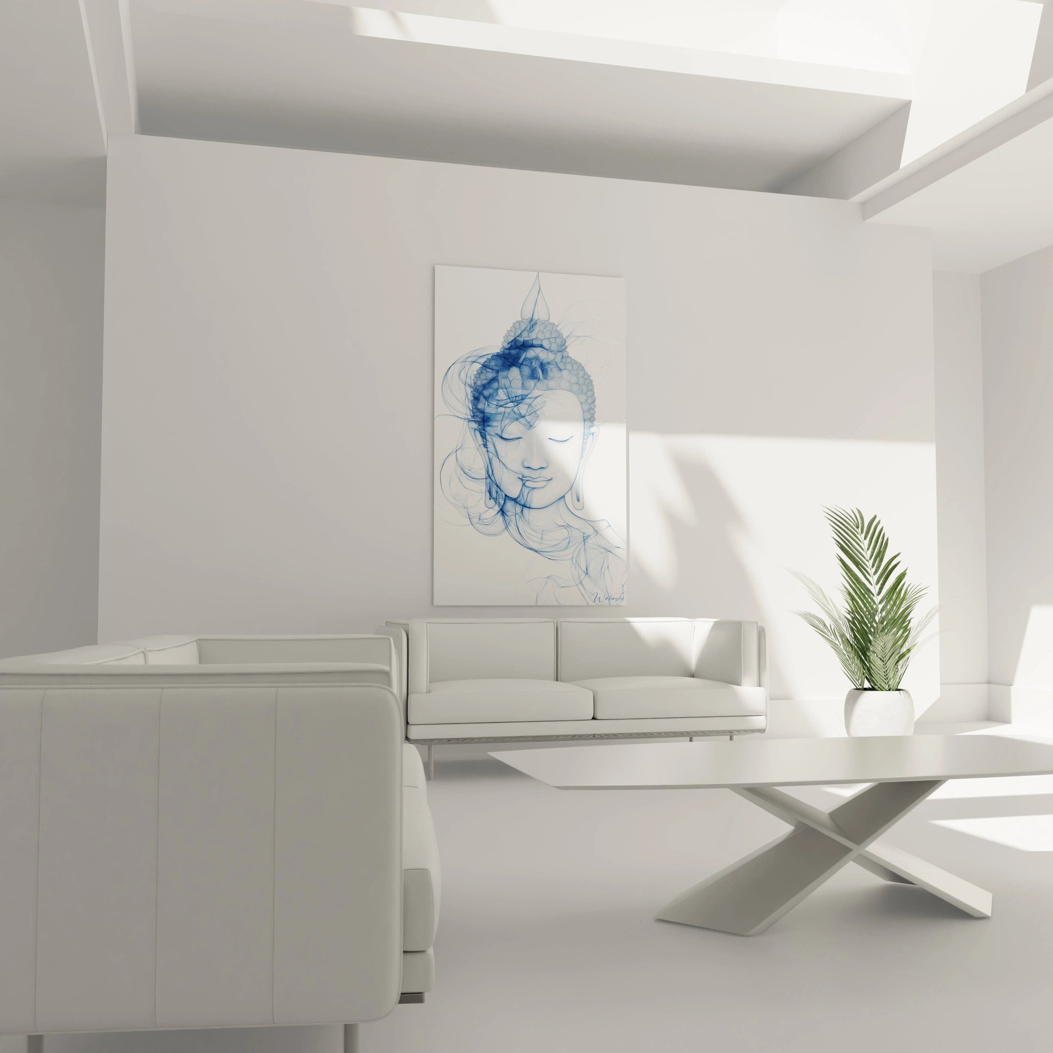Tableau bouddha Walensky en bleu accroché dans un salon moderne avec canapé blanc et plante verte