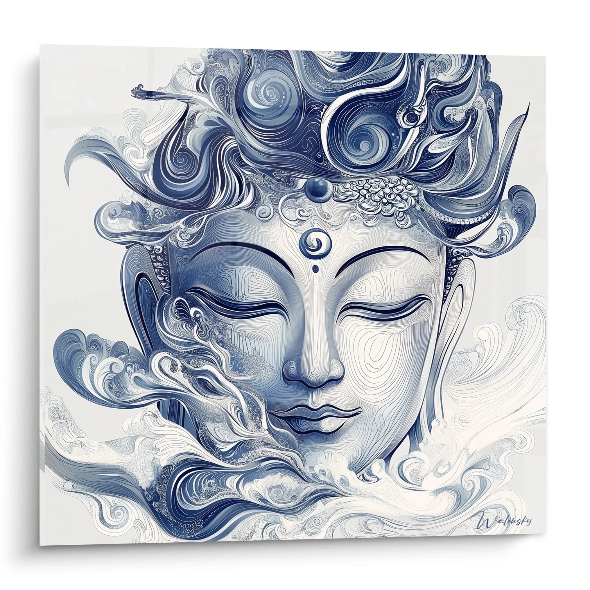 Tableau bouddha Walensky en tons bleus avec visage paisible et motifs abstraits ondulants