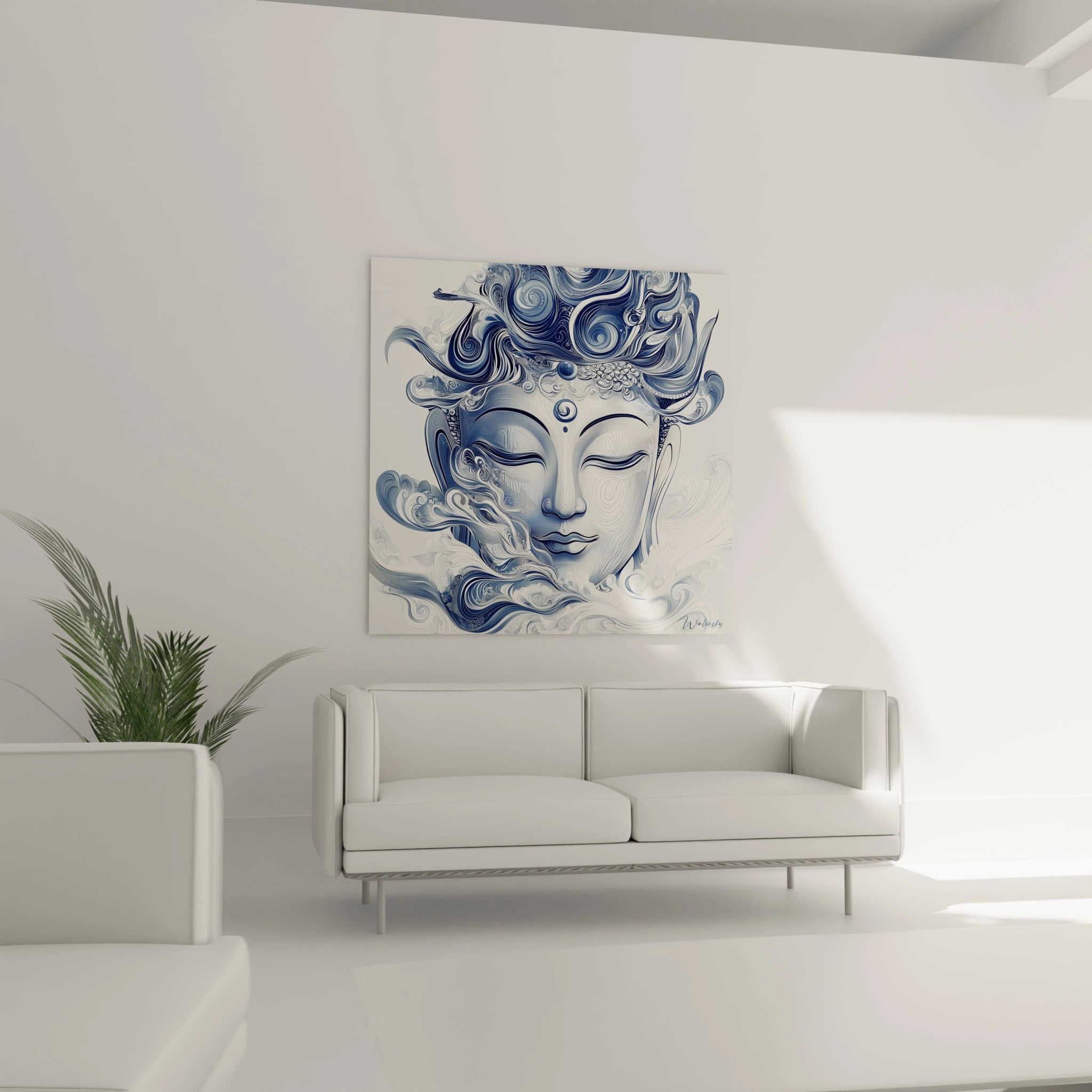 Tableau bouddha Walensky en tons bleus accroché dans un salon moderne lumineux avec canapé blanc