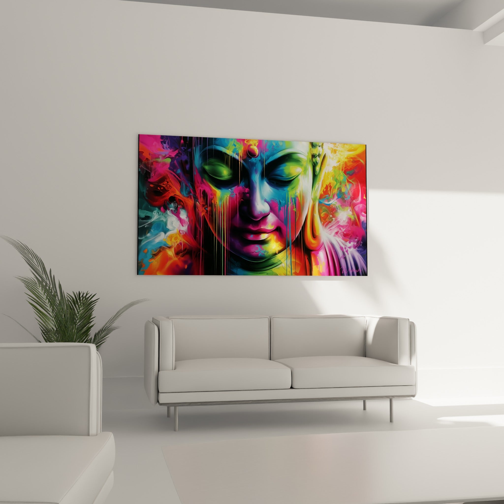 Portrait de Bouddha coloré en rose et doré placé au-dessus d'un canapé dans un salon lumineux
