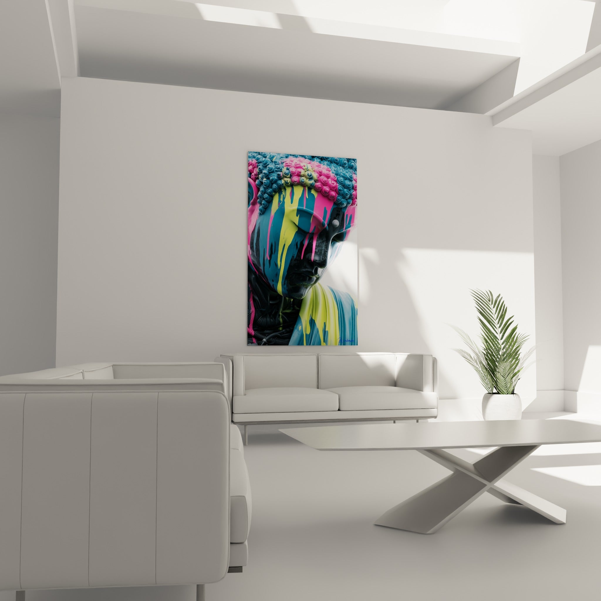 Sérénité peinte d'un Bouddha rose fuchsia et anthracite, placée au-dessus d'un canapé dans un salon lumineux.