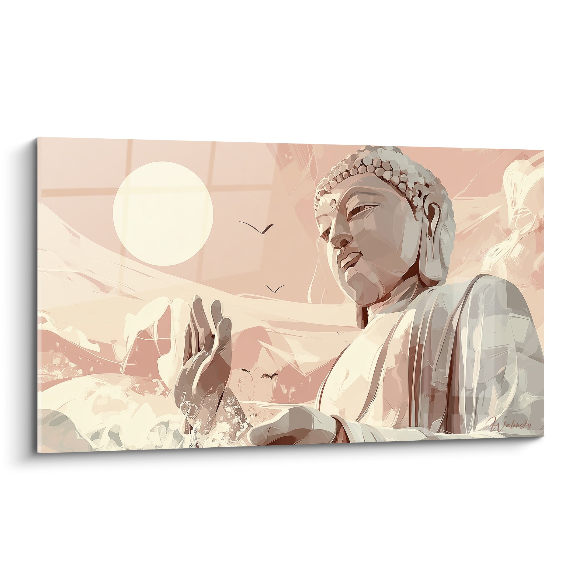 Bouddha aux mains levées en bénédiction, tons rose poudré et beige, soleil et oiseaux en arrière-plan