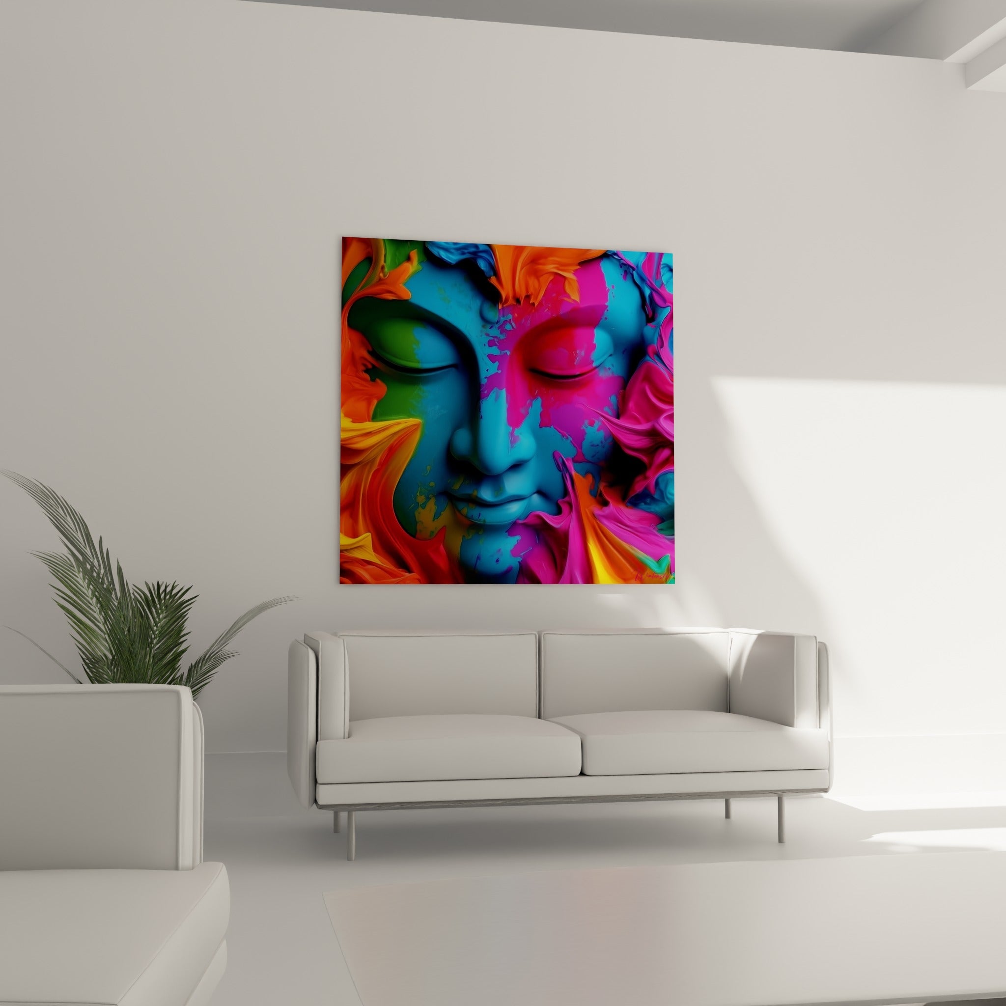Sérénité du visage bleu de Bouddha cerné de flammes orange, au-dessus d'un canapé dans un salon lumineux