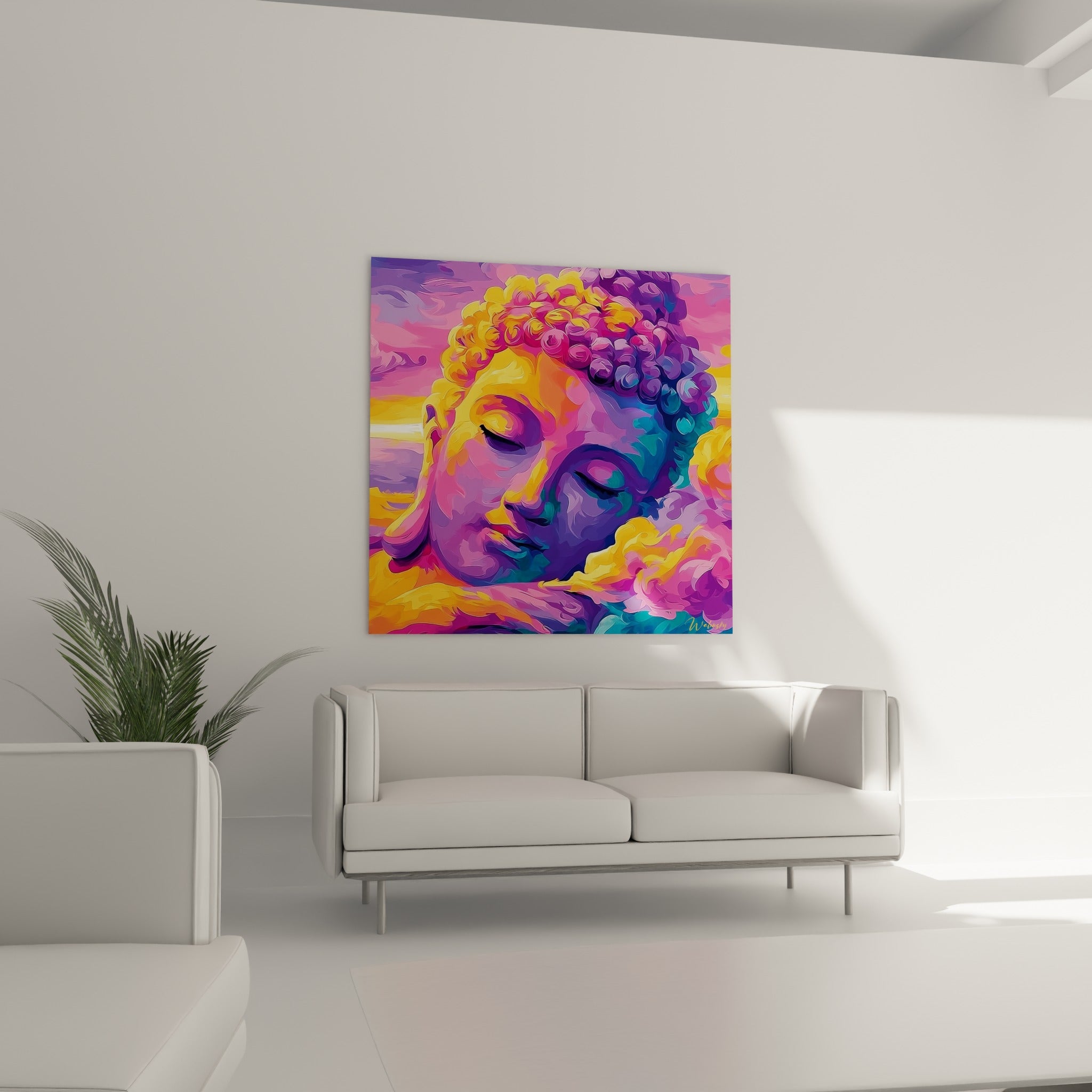 Méditation du Bouddha violet et rose vif, visage apaisé au-dessus d'un canapé dans un salon lumineux