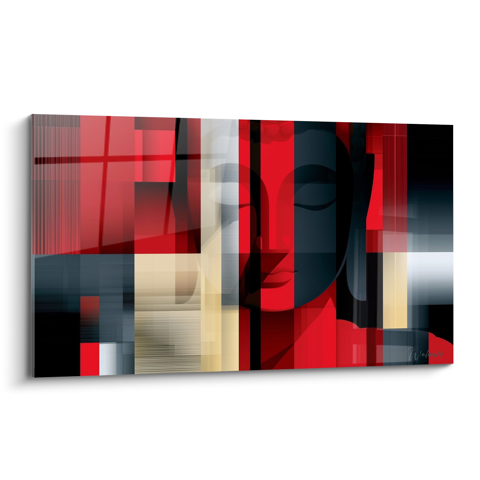 Visage de Bouddha rouge et anthracite fragmenté en bandes géométriques verticales