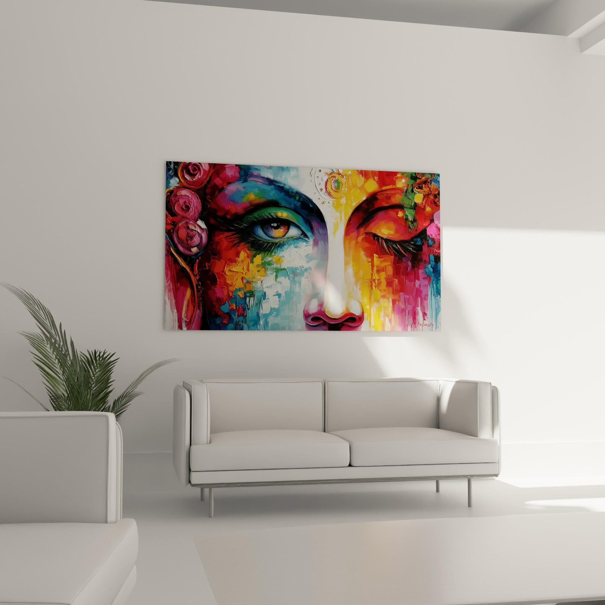 Bouddha coloré aux nuances rouge et bleu pastel, roses en fleurs, au-dessus d'un canapé dans un salon lumineux