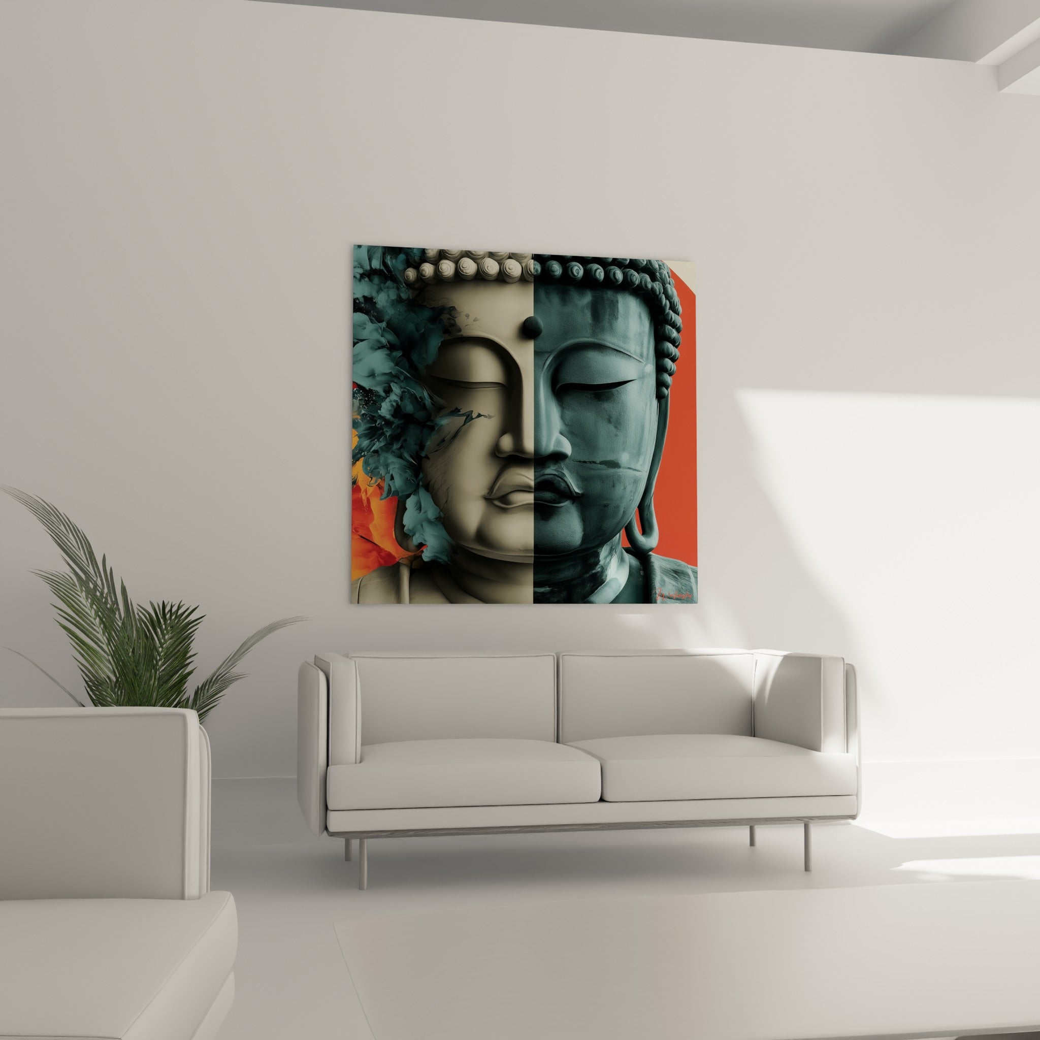 Statue de Bouddha aux teintes ivoire et bleu pétrole rehaussée de rouge corail, au-dessus d'un canapé dans un salon lumineux