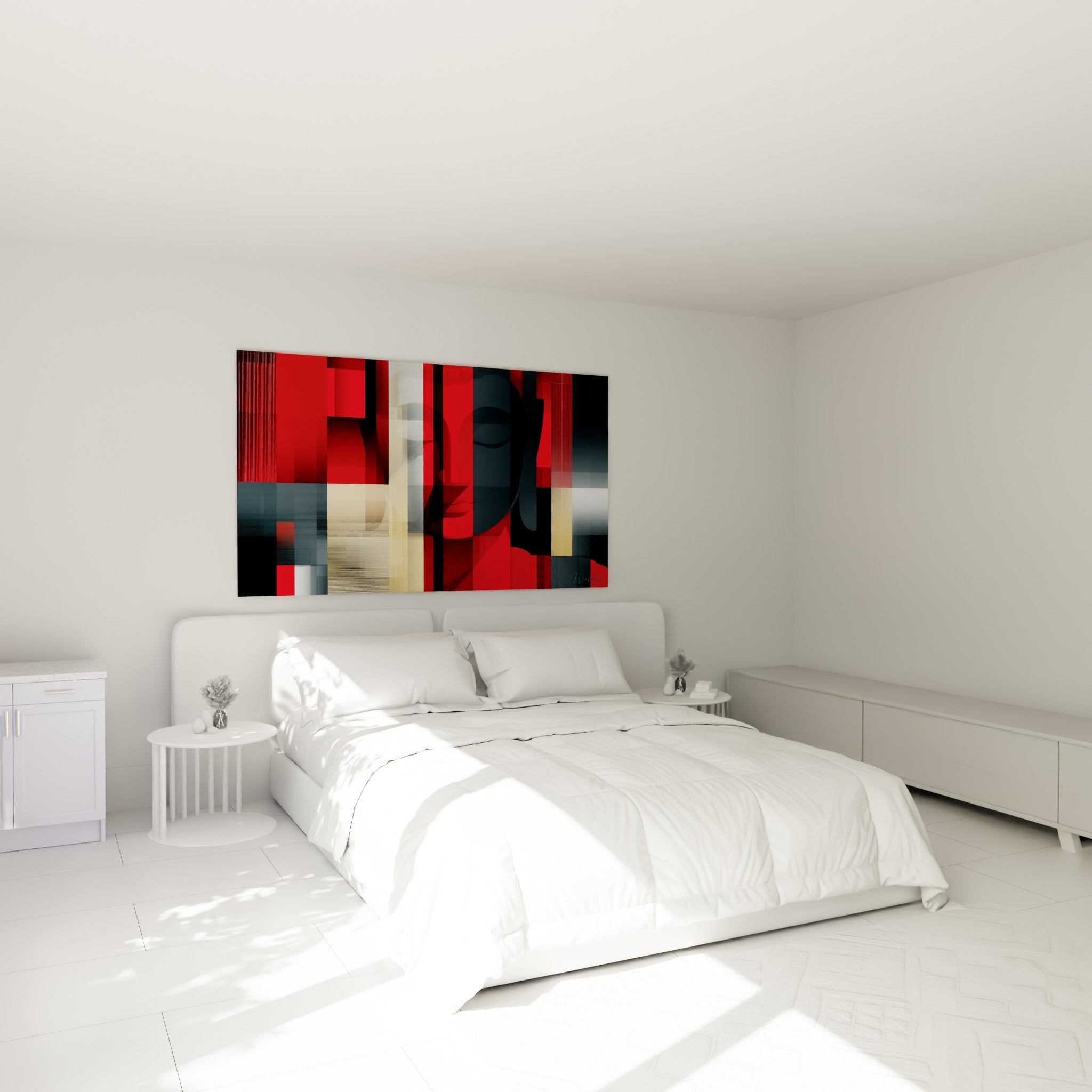 Silhouette de Bouddha aux tons rouges et dorés au-dessus d'un lit dans une chambre claire