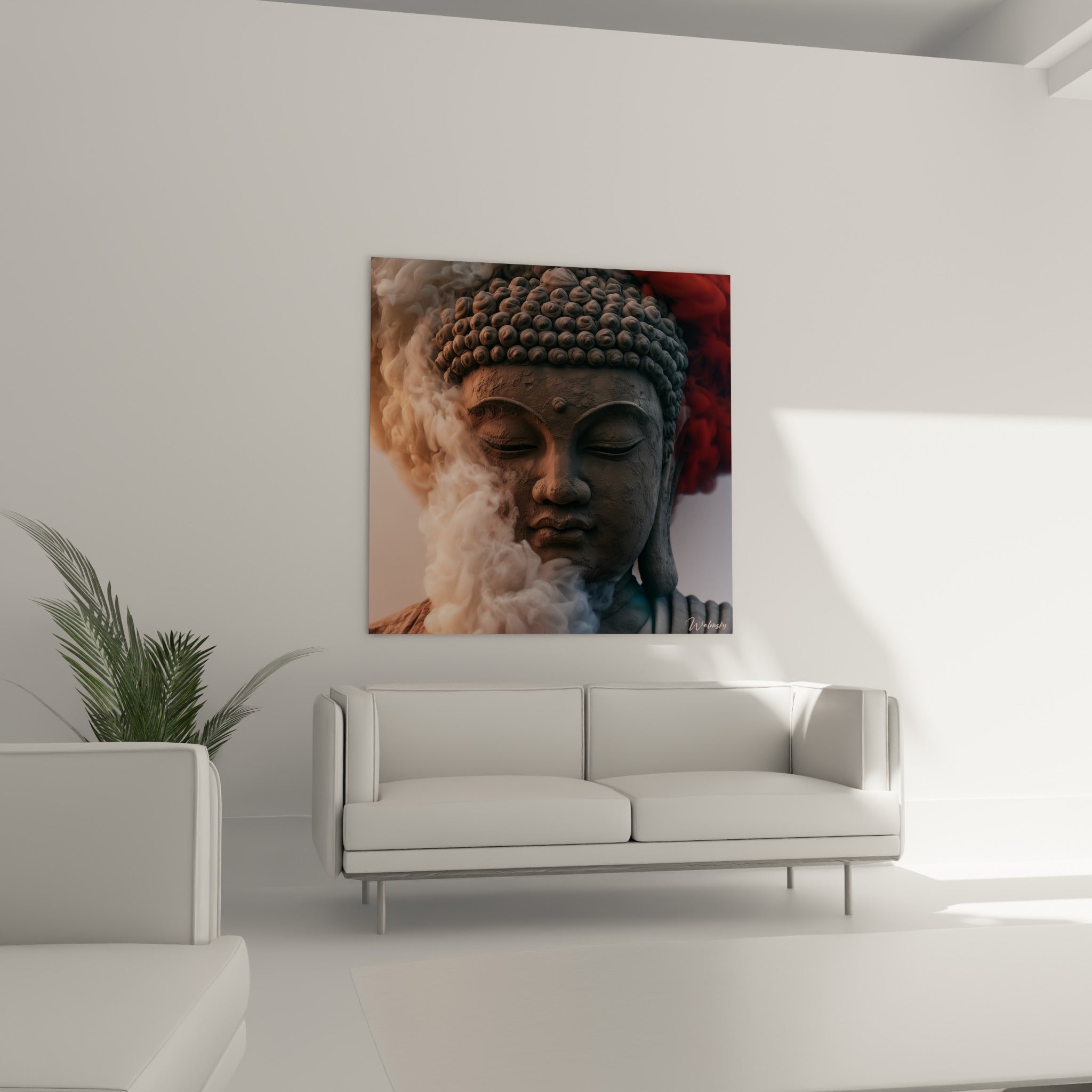 Sculpture de Bouddha aux tons bruns et rouges sombres suspendue au-dessus d'un canapé dans un salon lumineux