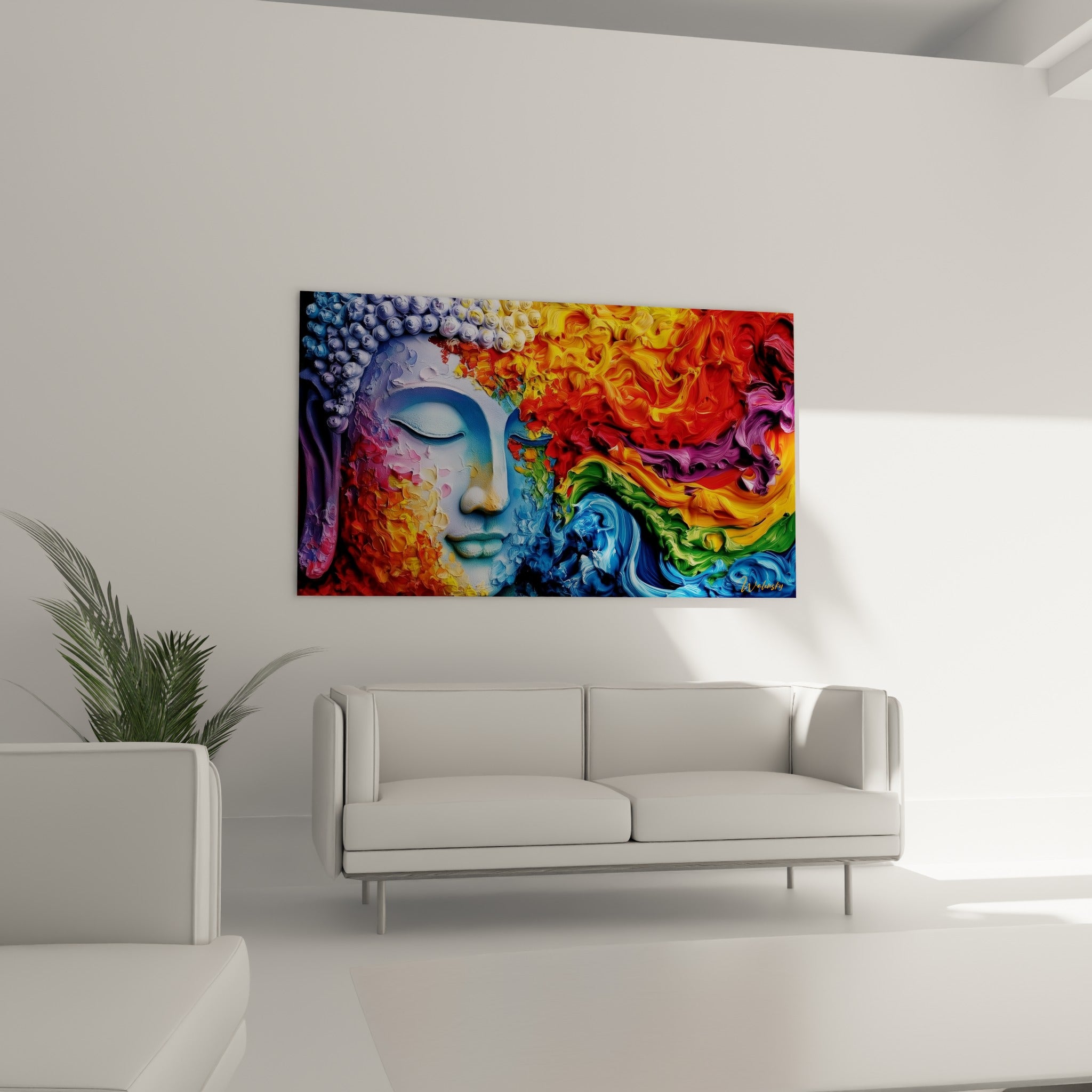 Visage apaisé du Bouddha entouré de tourbillons rouge et vert, au-dessus d'un canapé dans un salon lumineux